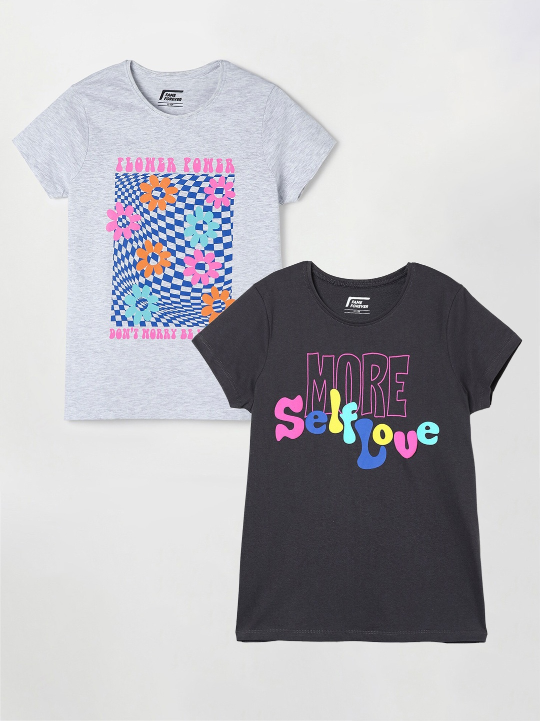 

Fame Forever by Lifestyle Girls Pack Of 2 Printed Cotton T-Shirts, Grey