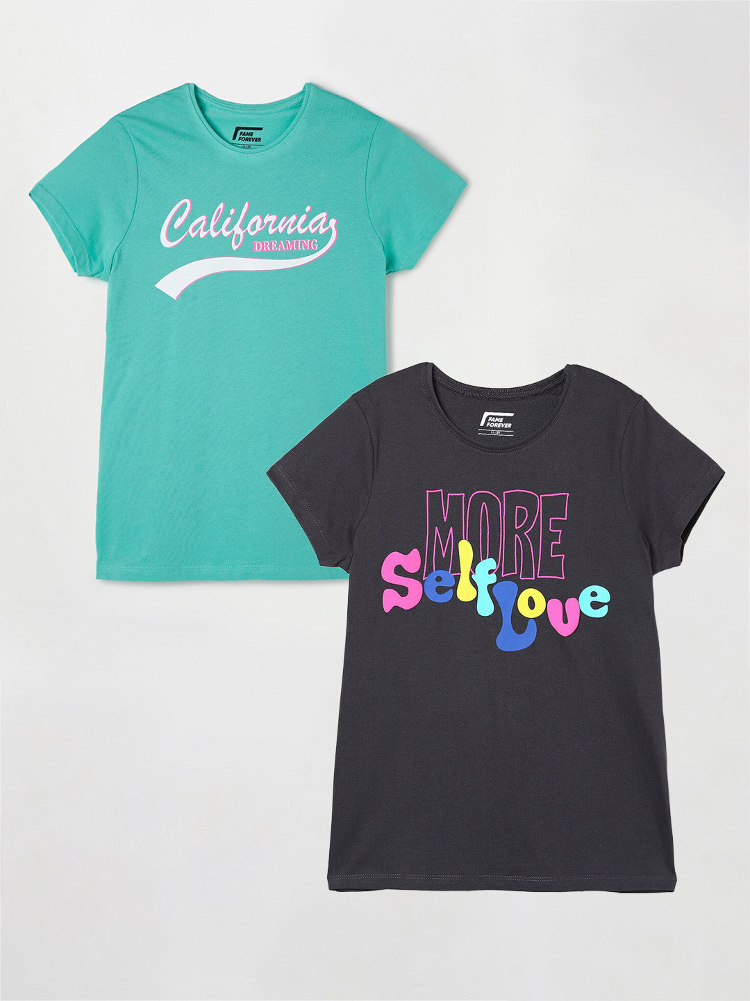 

Fame Forever by Lifestyle Girls Pack Of 2 Typography Printed Cotton T-Shirts, Grey