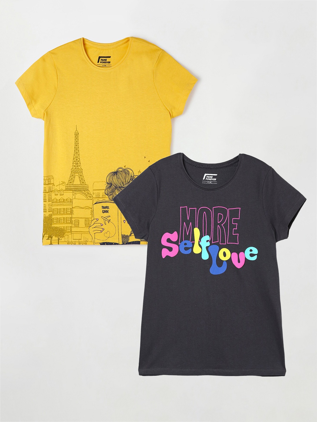 

Fame Forever by Lifestyle Girls Pack Of 2 Printed Cotton T-Shirts, Grey