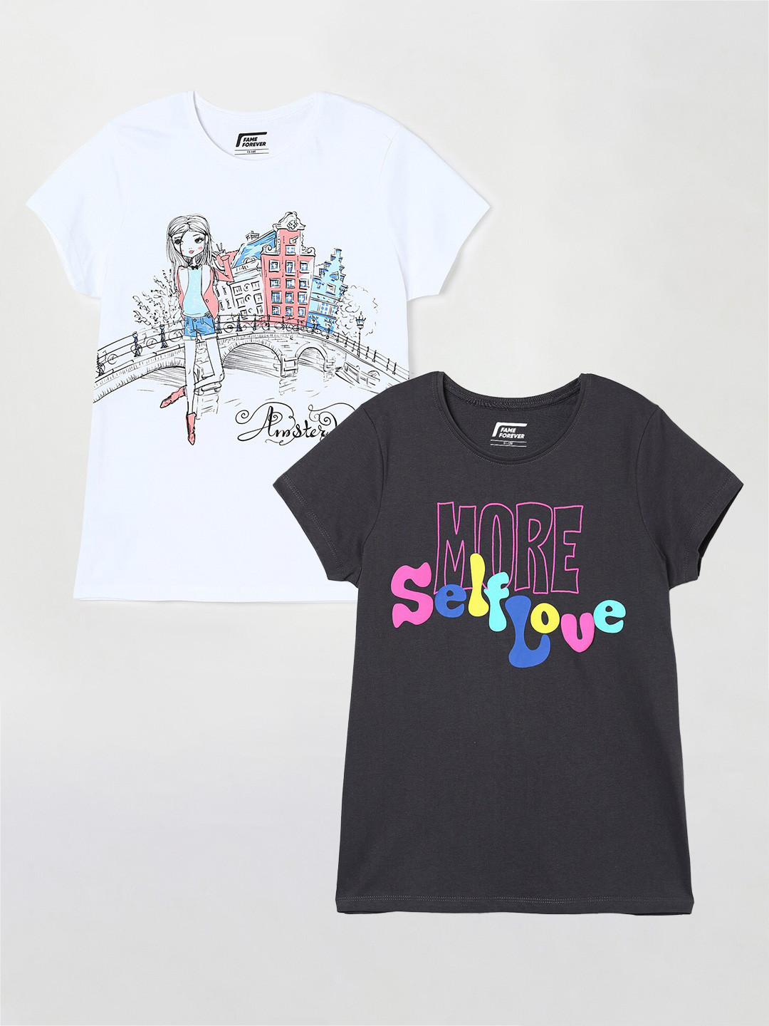 

Fame Forever by Lifestyle Girls Pack Of 2 Printed Cotton T-Shirts, Grey