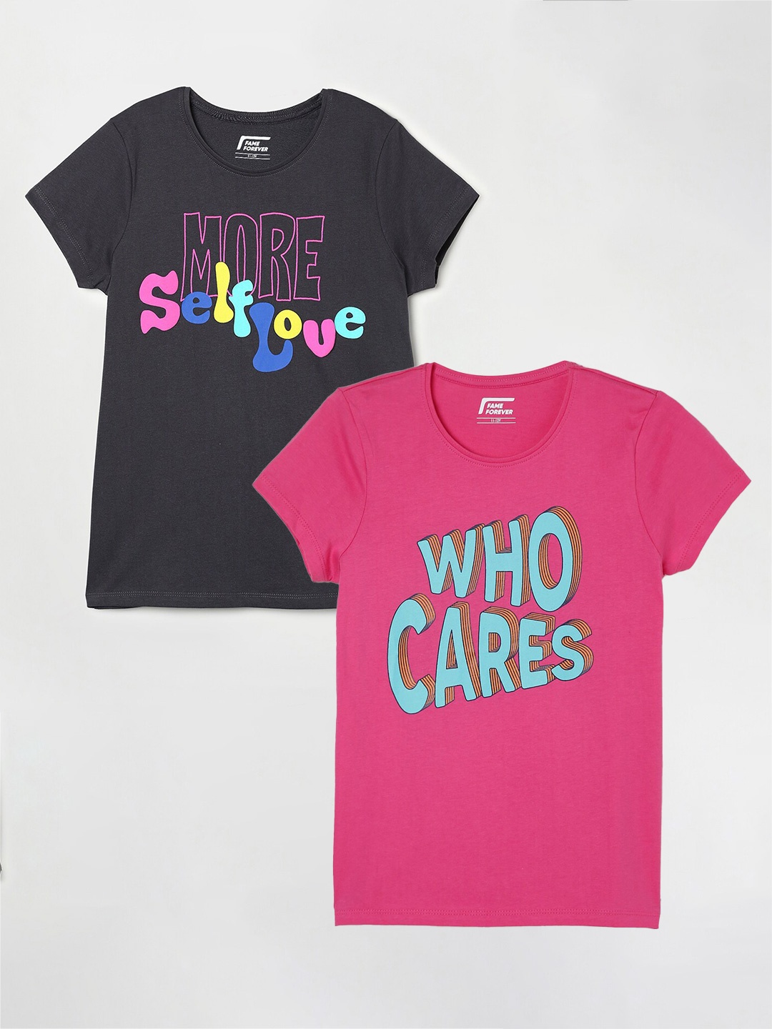 

Fame Forever by Lifestyle Girls Pack Of 2 Typography Printed Cotton T-Shirts, Pink