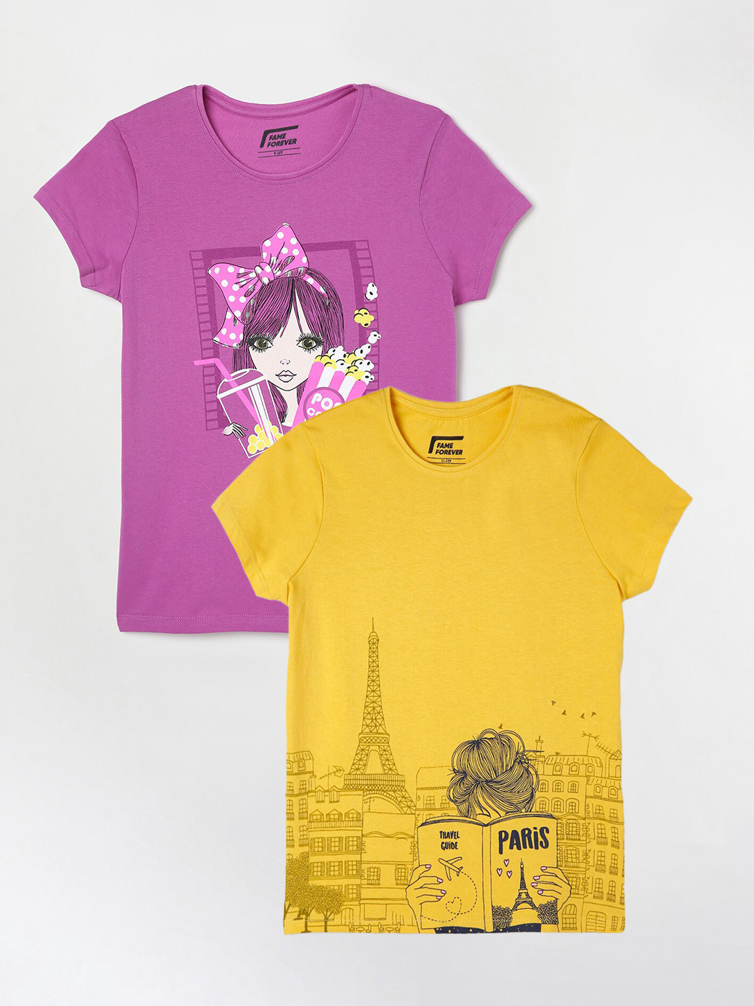 

Fame Forever by Lifestyle Pack Of 2 Girls Printed Pure Cotton T-Shirt, Yellow