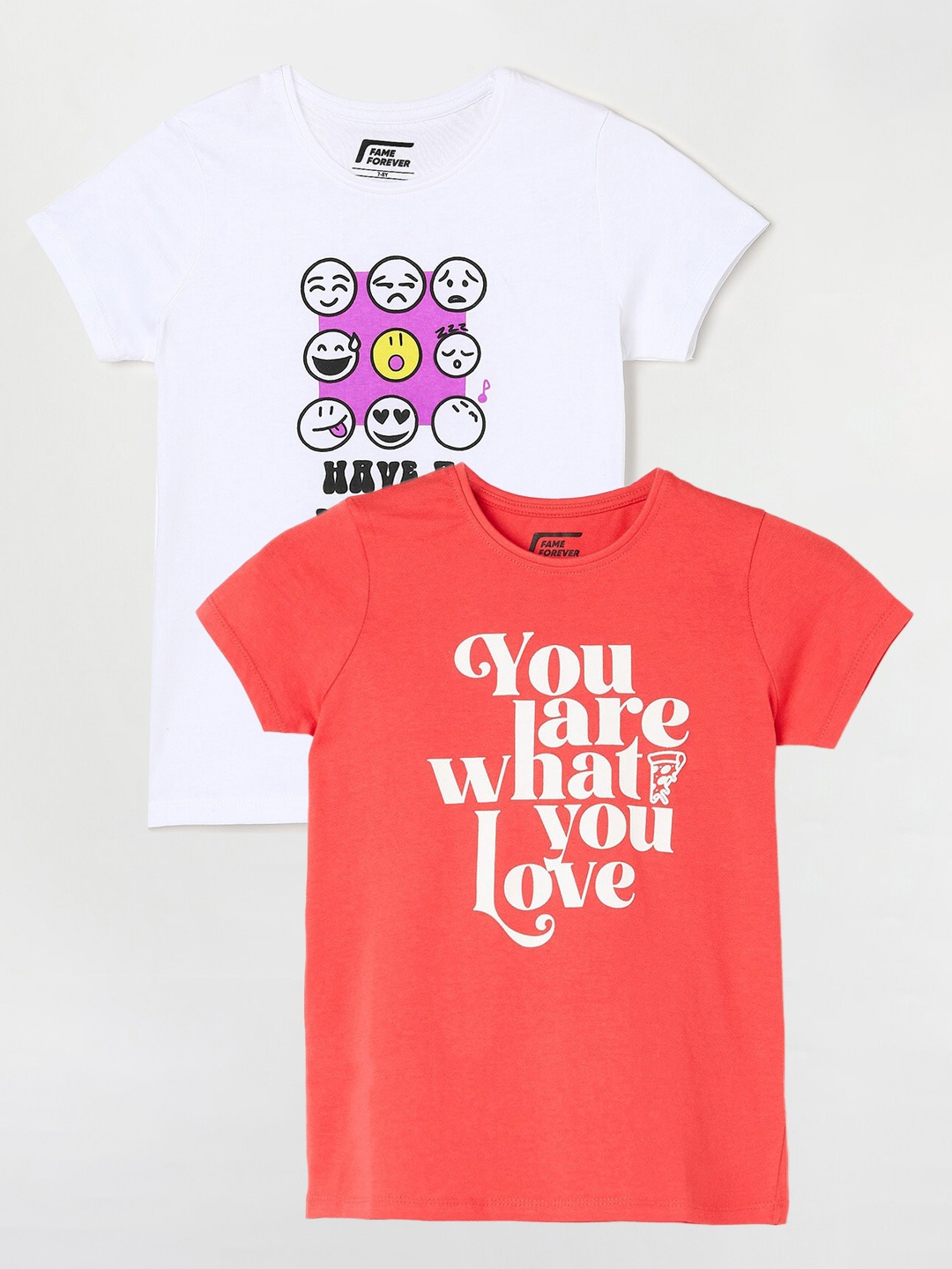 

Fame Forever by Lifestyle Pack Of 2 Girls Printed Cotton T-Shirt, Coral