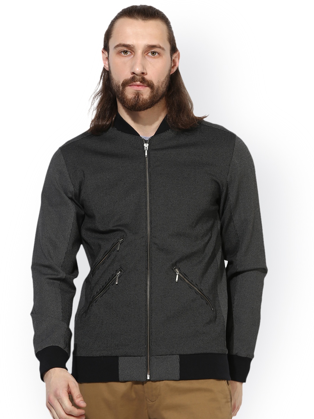 

Leo Sansini Men Black Self Design Bomber Jacket