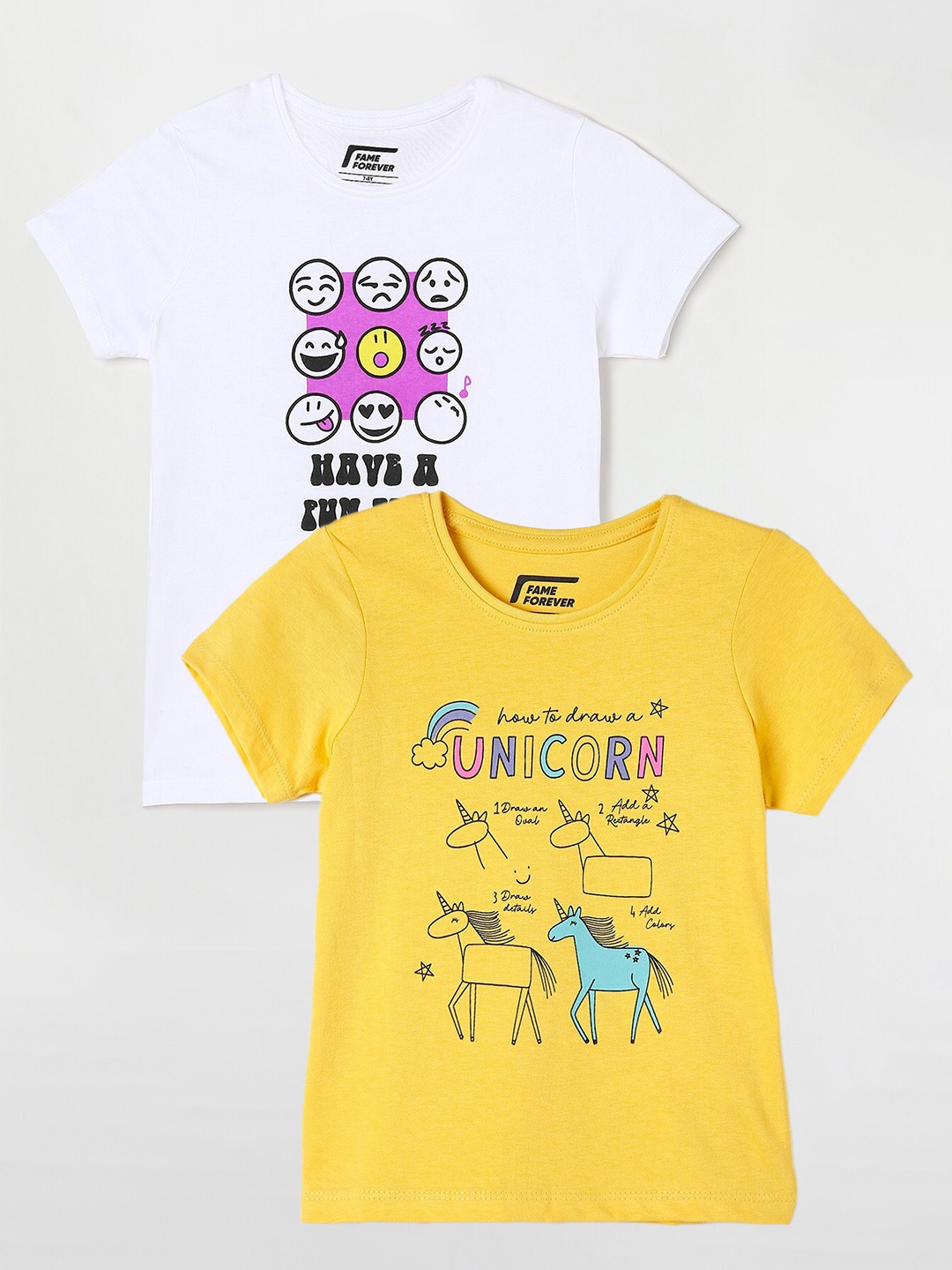 

Fame Forever by Lifestyle Pack Of 2 Girls Printed Cotton T-Shirt, Yellow