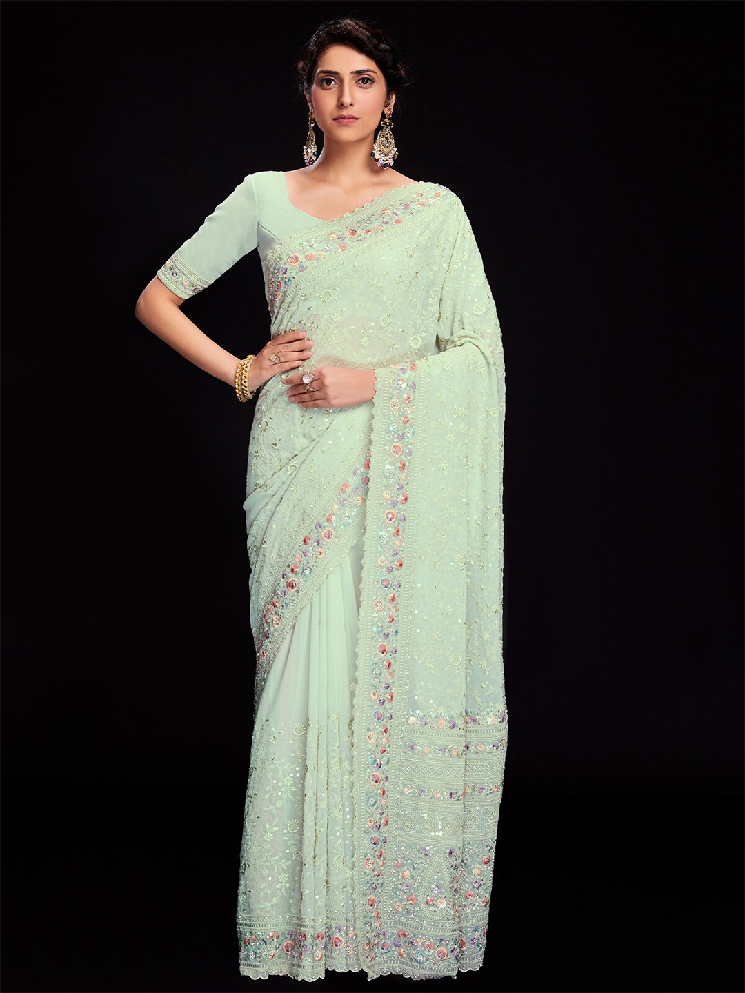 

ODETTE Floral Embroidered Poly Georgette Saree, Sea green