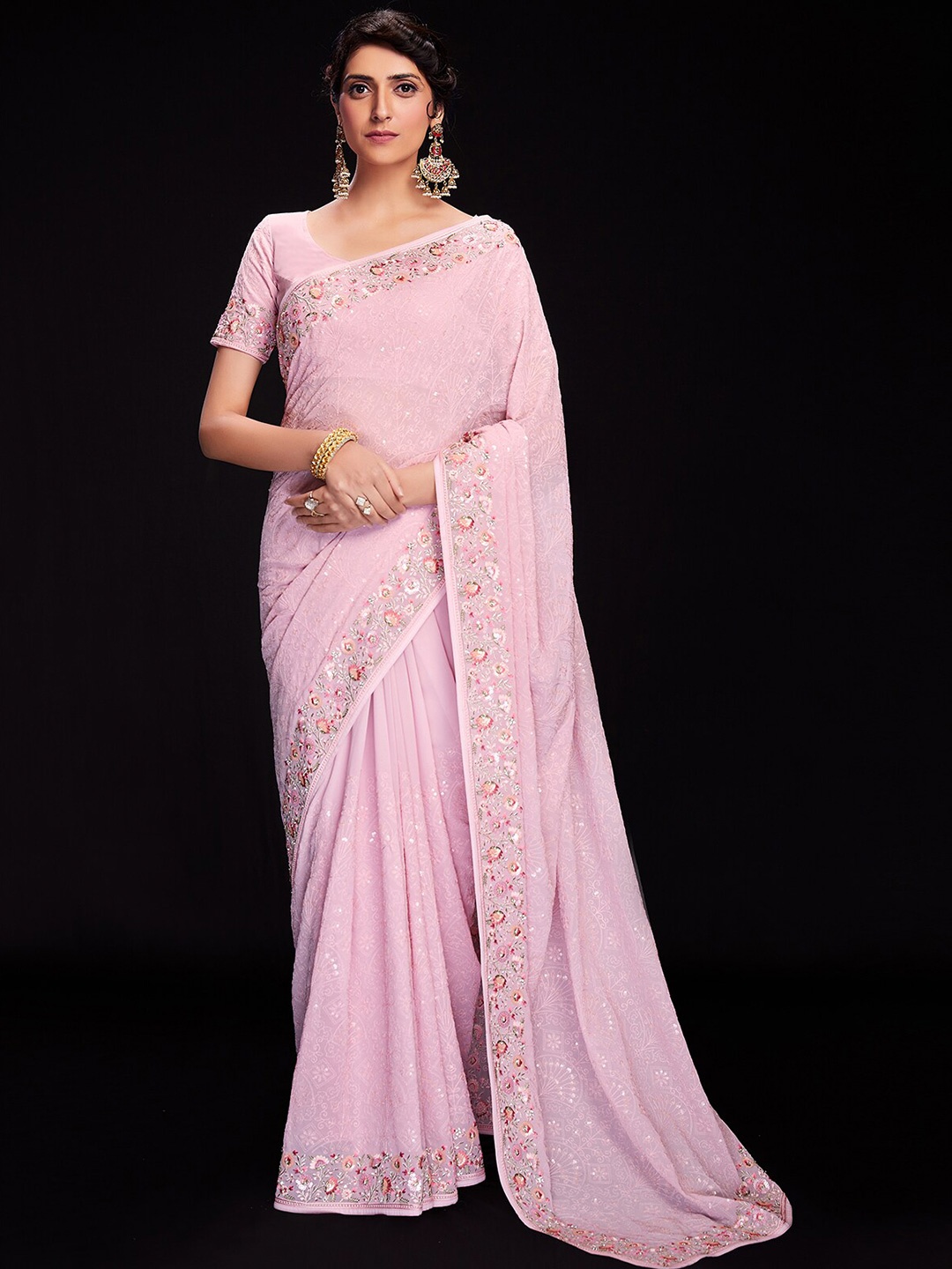 

ODETTE Floral Embroidered Poly Georgette Saree, Pink