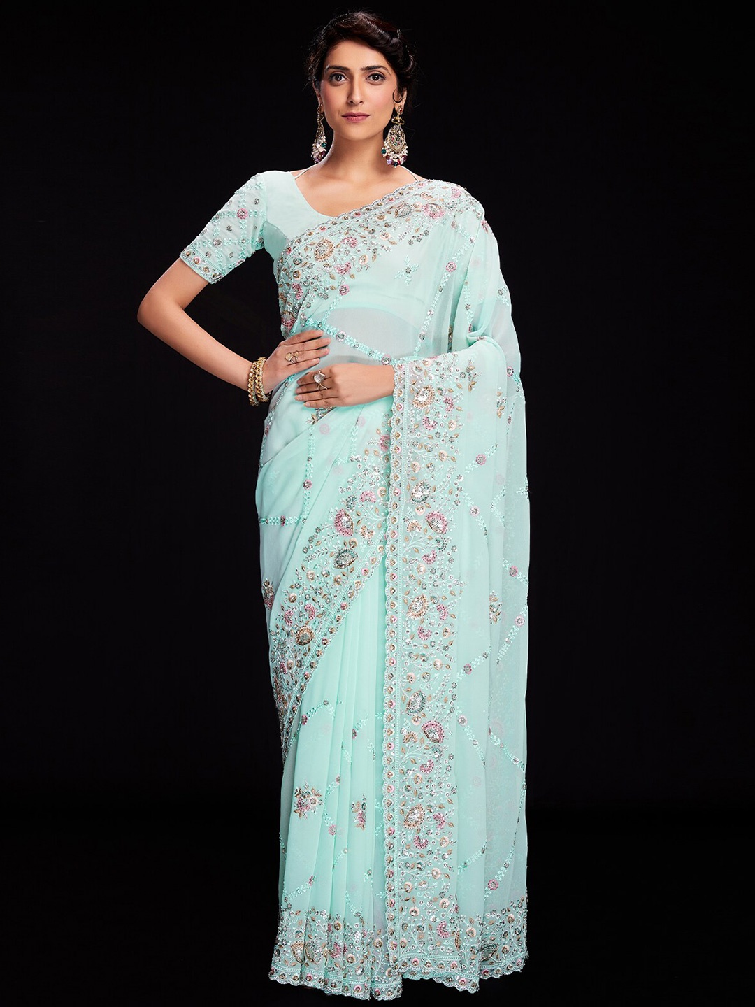

ODETTE Floral Embroidered Poly Georgette Saree, Blue