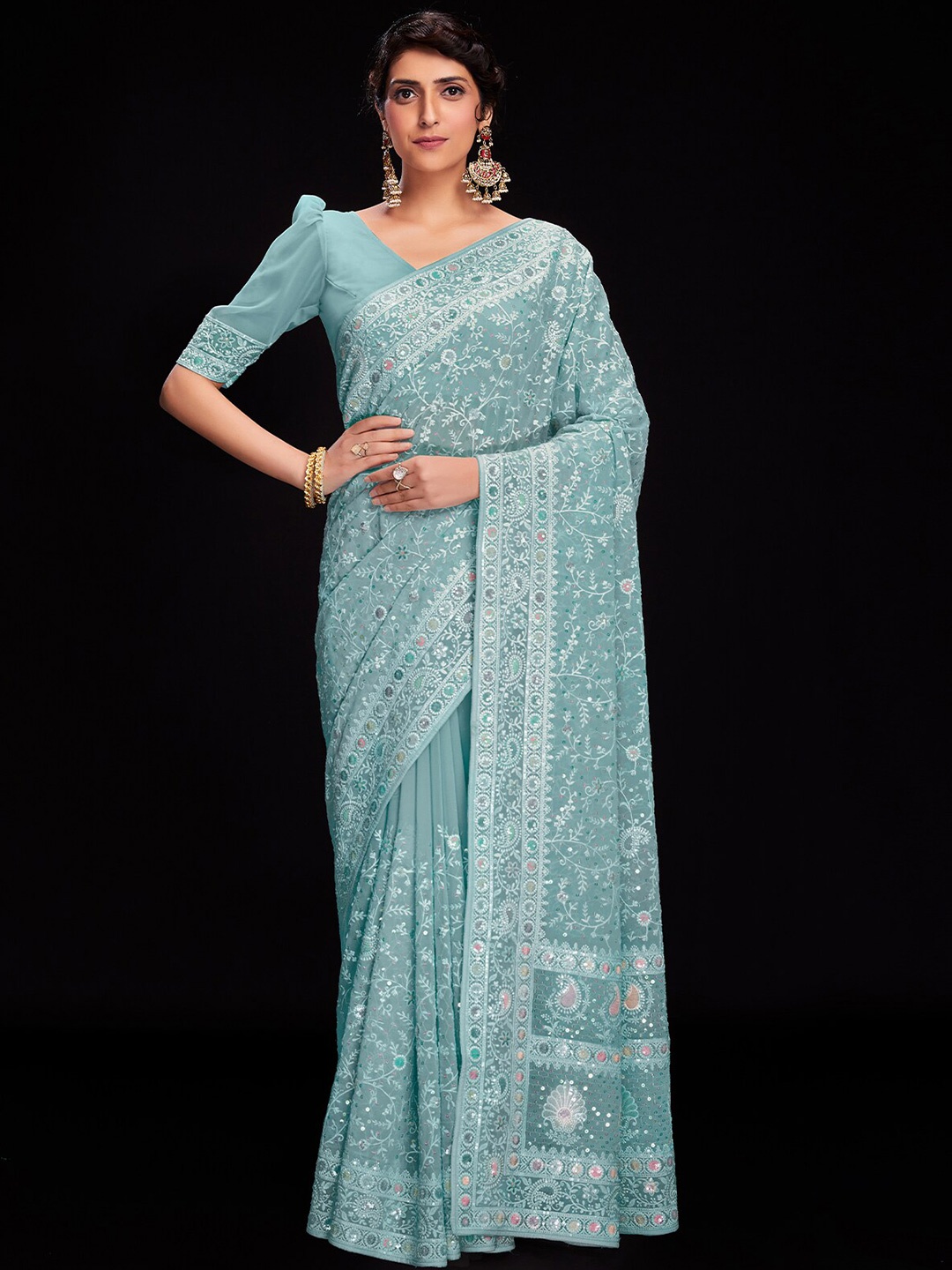 

ODETTE Ethnic Print Embroidered Poly Georgette Saree, Blue