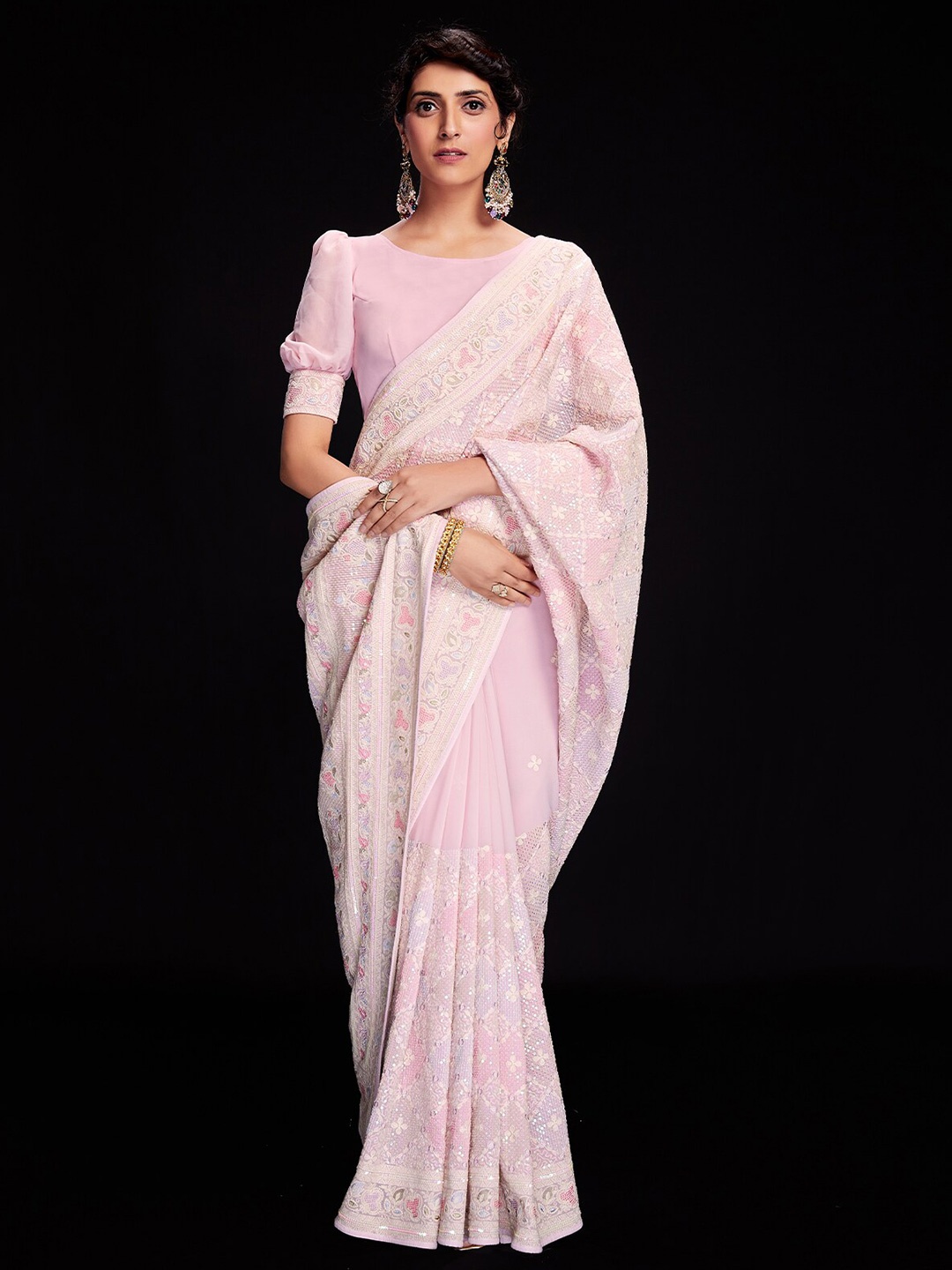 

ODETTE Ethnic Motifs Sequinned Poly Georgette Saree, Pink