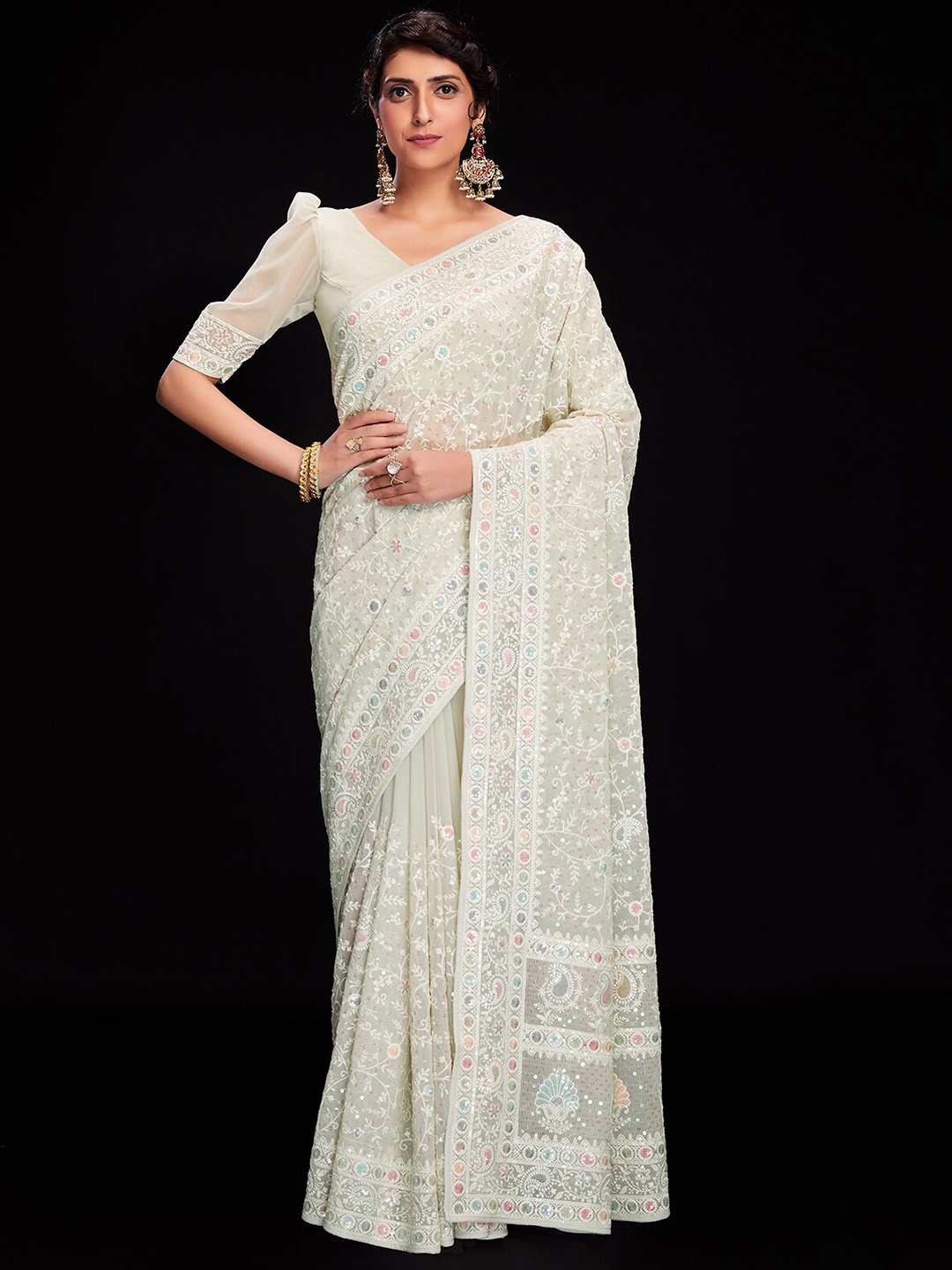 

ODETTE Floral Embroidered Poly Georgette Saree, Off white