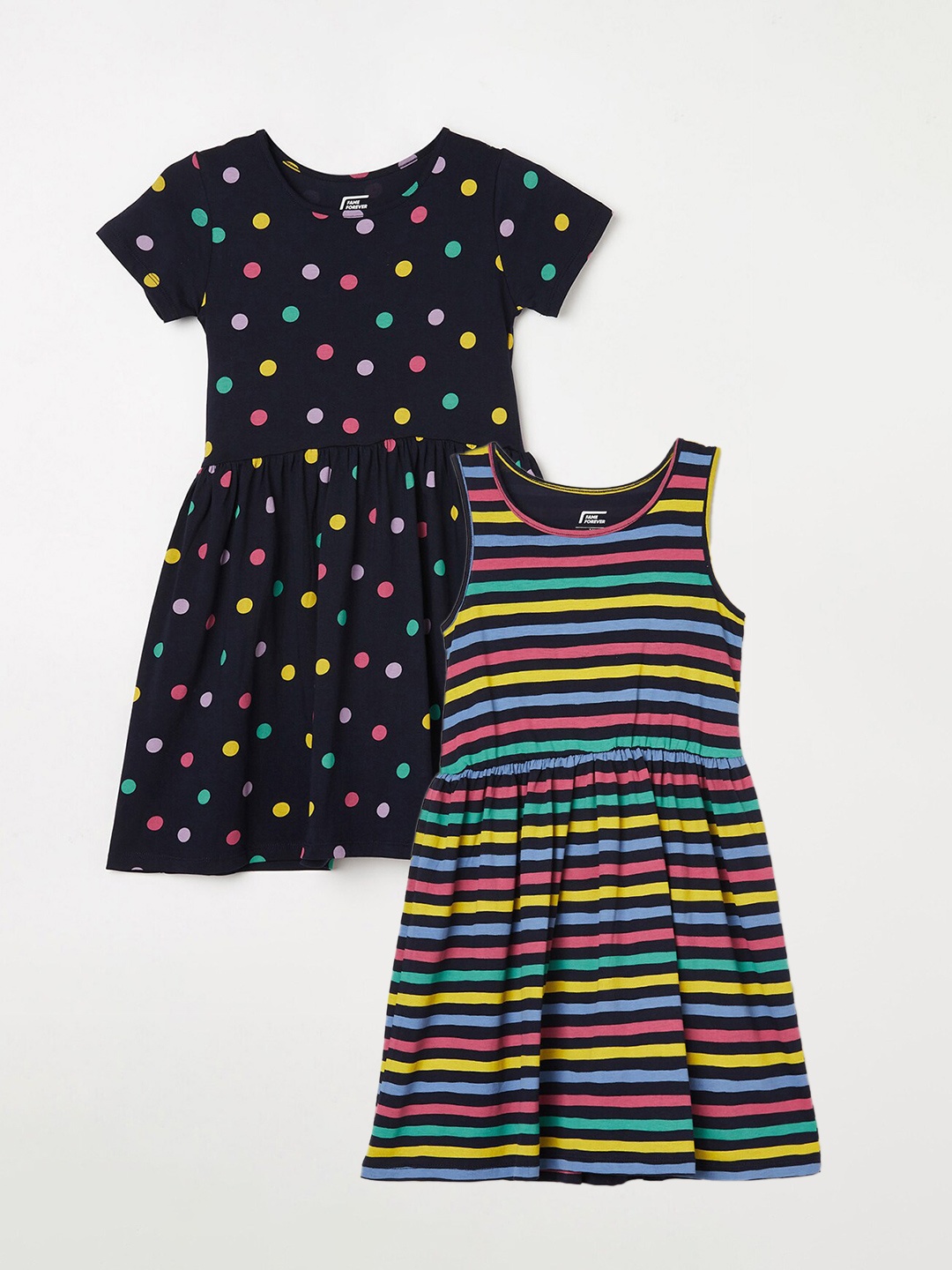 

Fame Forever by Lifestyle Pack Of 2 Girls Printed Cotton Fit & Flare Dress, Navy blue
