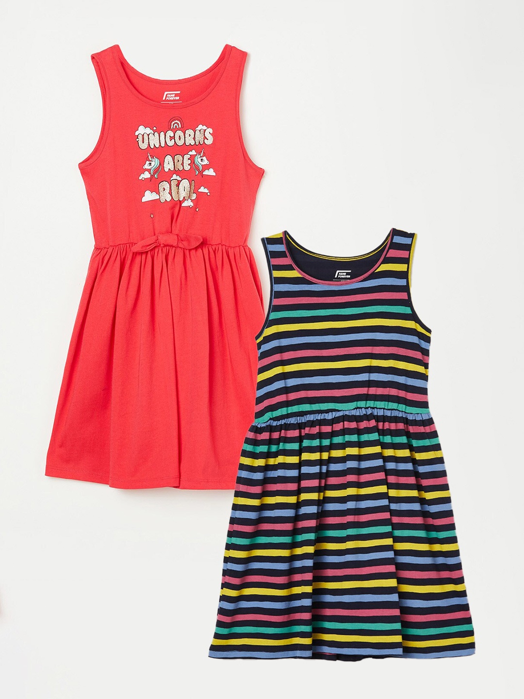 

Fame Forever by Lifestyle Pack Of 2 Girls Printed Cotton Fit & Flare Dress, Navy blue
