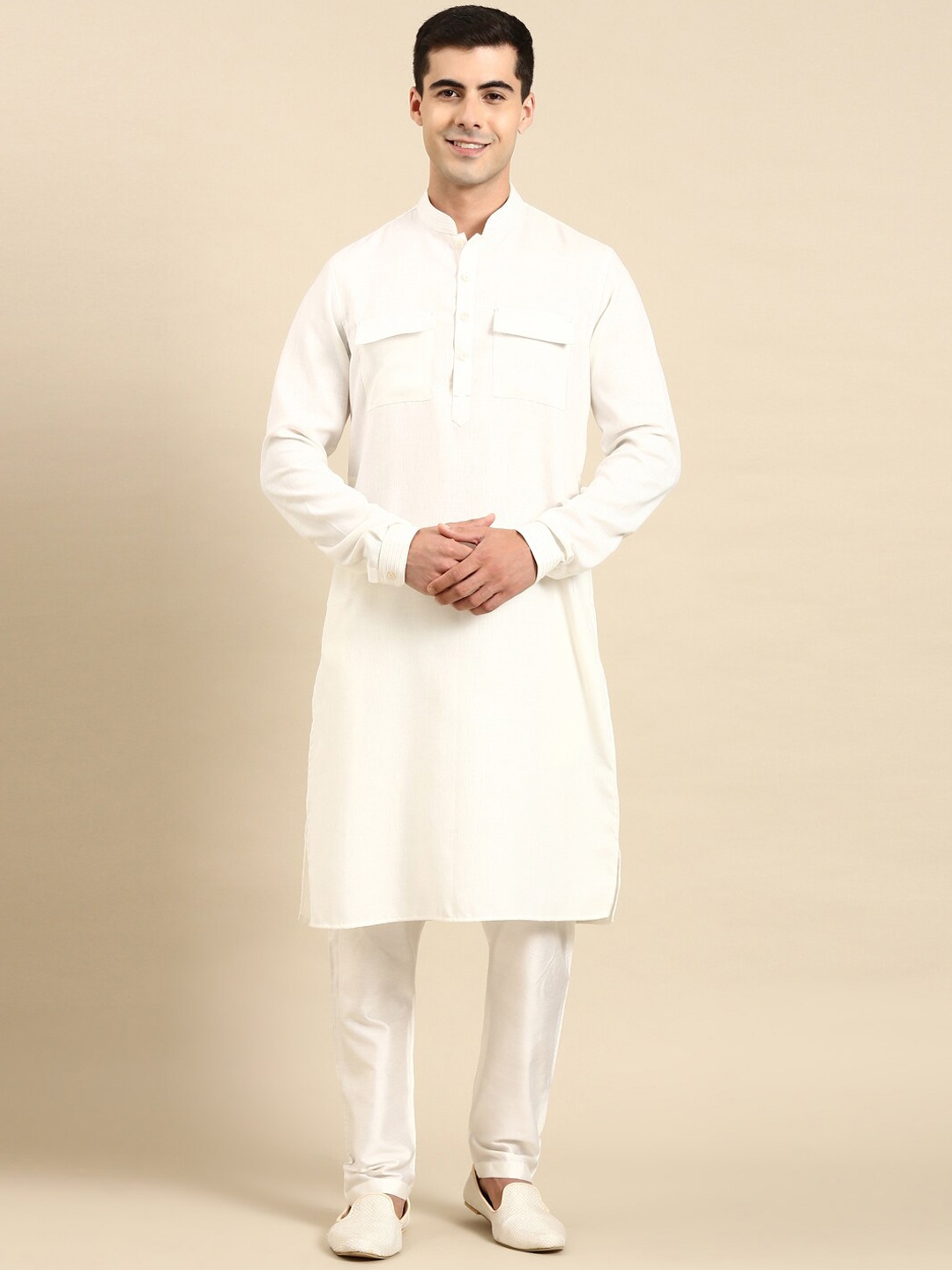 

TheEthnic.Co Mandarin Collar Pure Cotton Pathani Kurta With Pyjamas, White