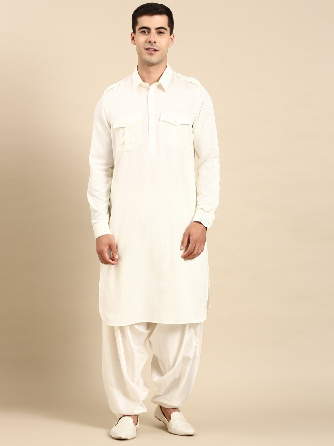 

TheEthnic.Co Shirt Collar Pure Cotton Pathani Kurta With Salwar, White
