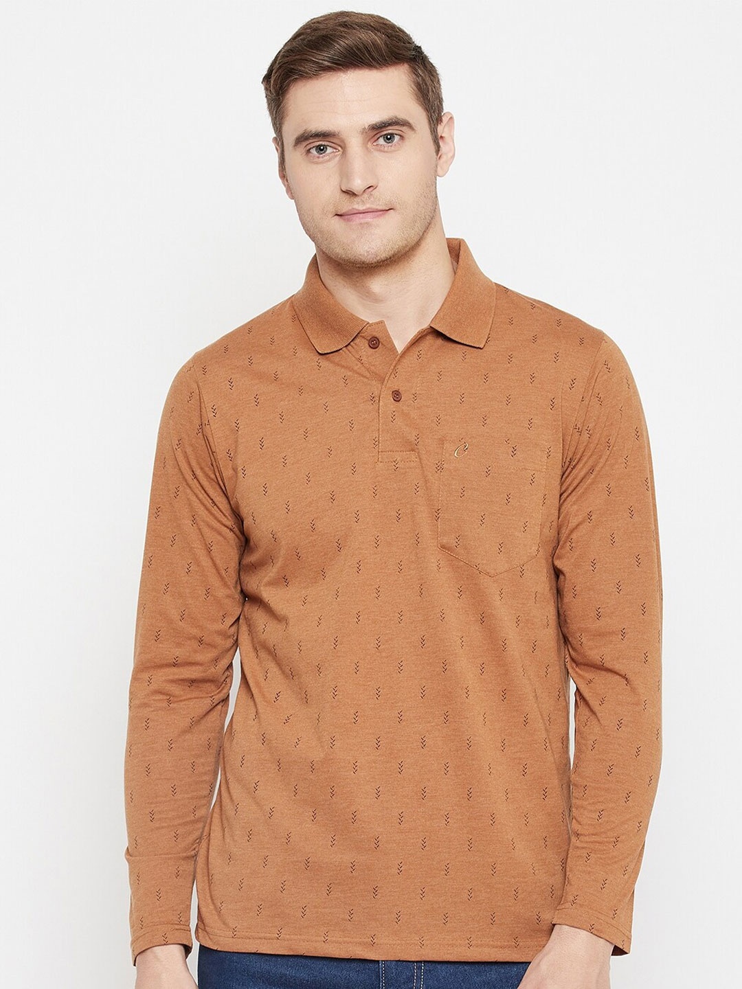 

Camey Micro Ditsy Printed Polo Collar Cotton T-Shirt, Brown