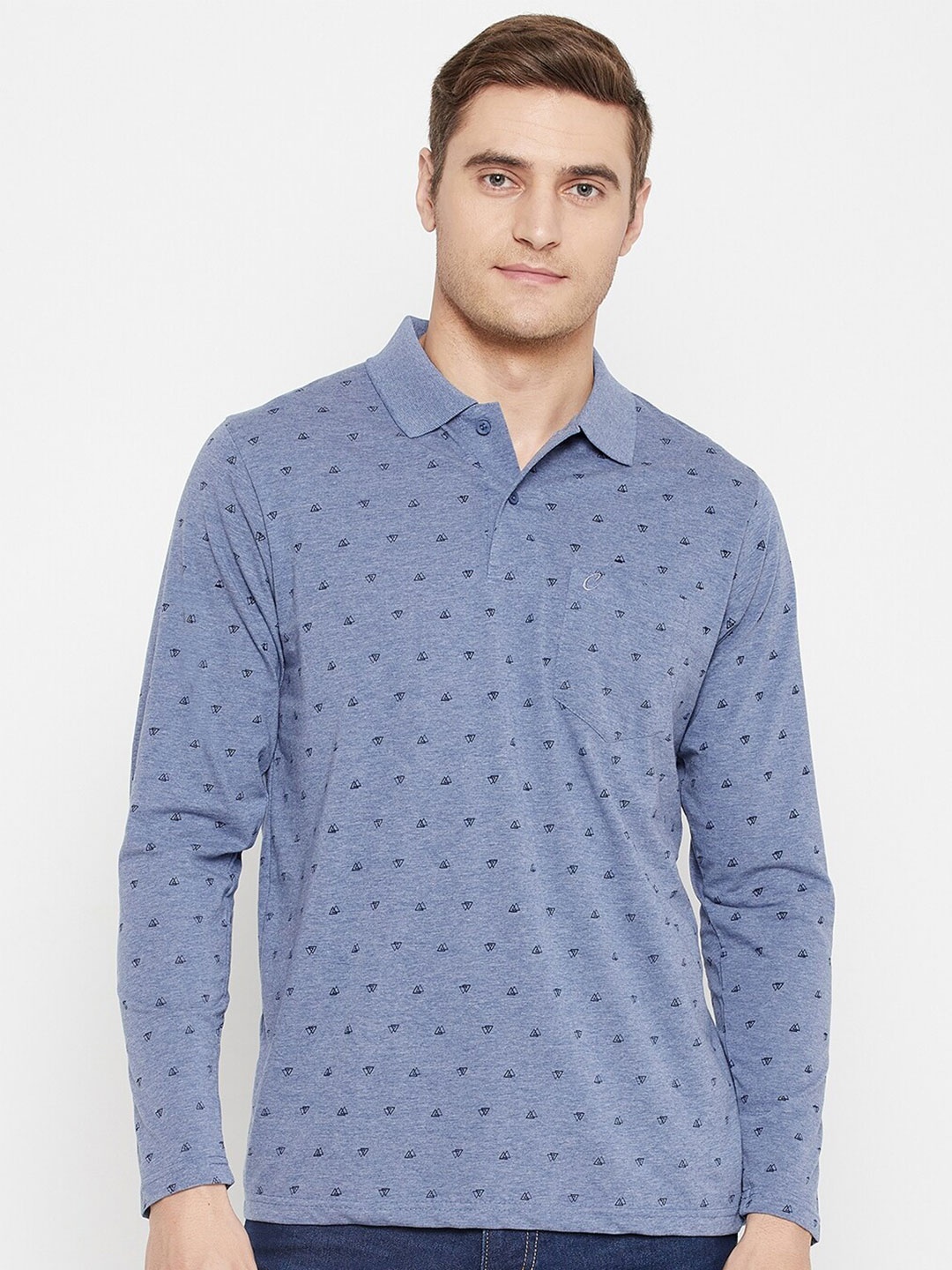 

Camey Micro Ditsy Printed Polo Collar Relaxed Fit Cotton T-shirt, Blue