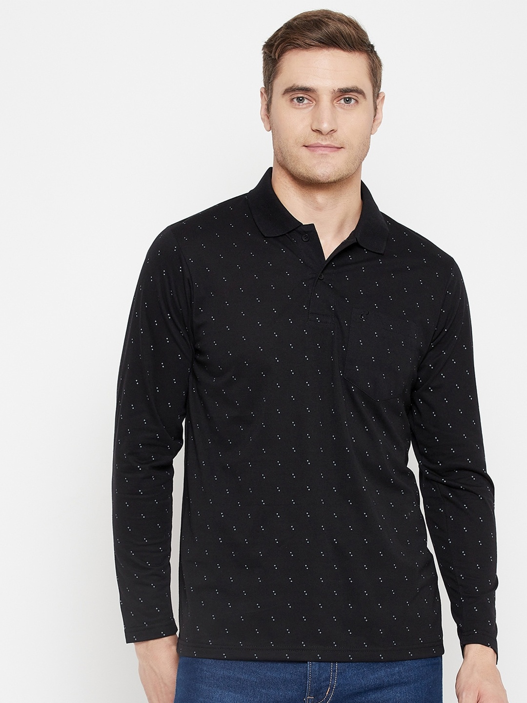 

Camey Micro Ditsy Printed Polo Collar Cotton T-shirt, Black