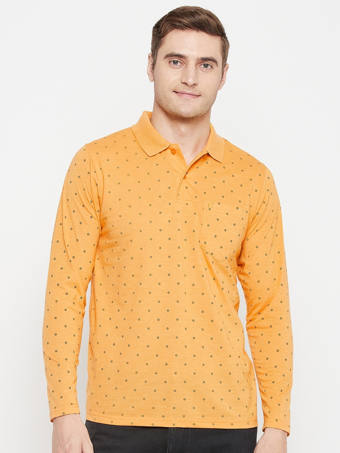 

Camey Geometric Printed Cotton Polo Collar Pockets T-shirt, Yellow