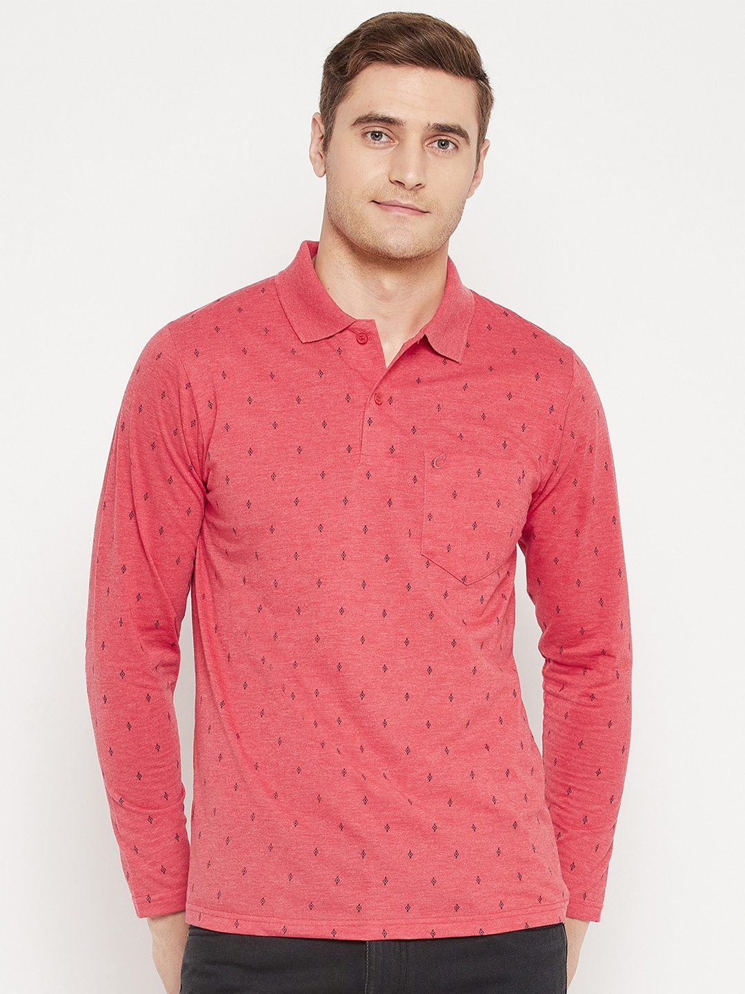 

Camey Micro Ditsy Printed Polo Collar Relaxed Fit Cotton T-shirt, Pink