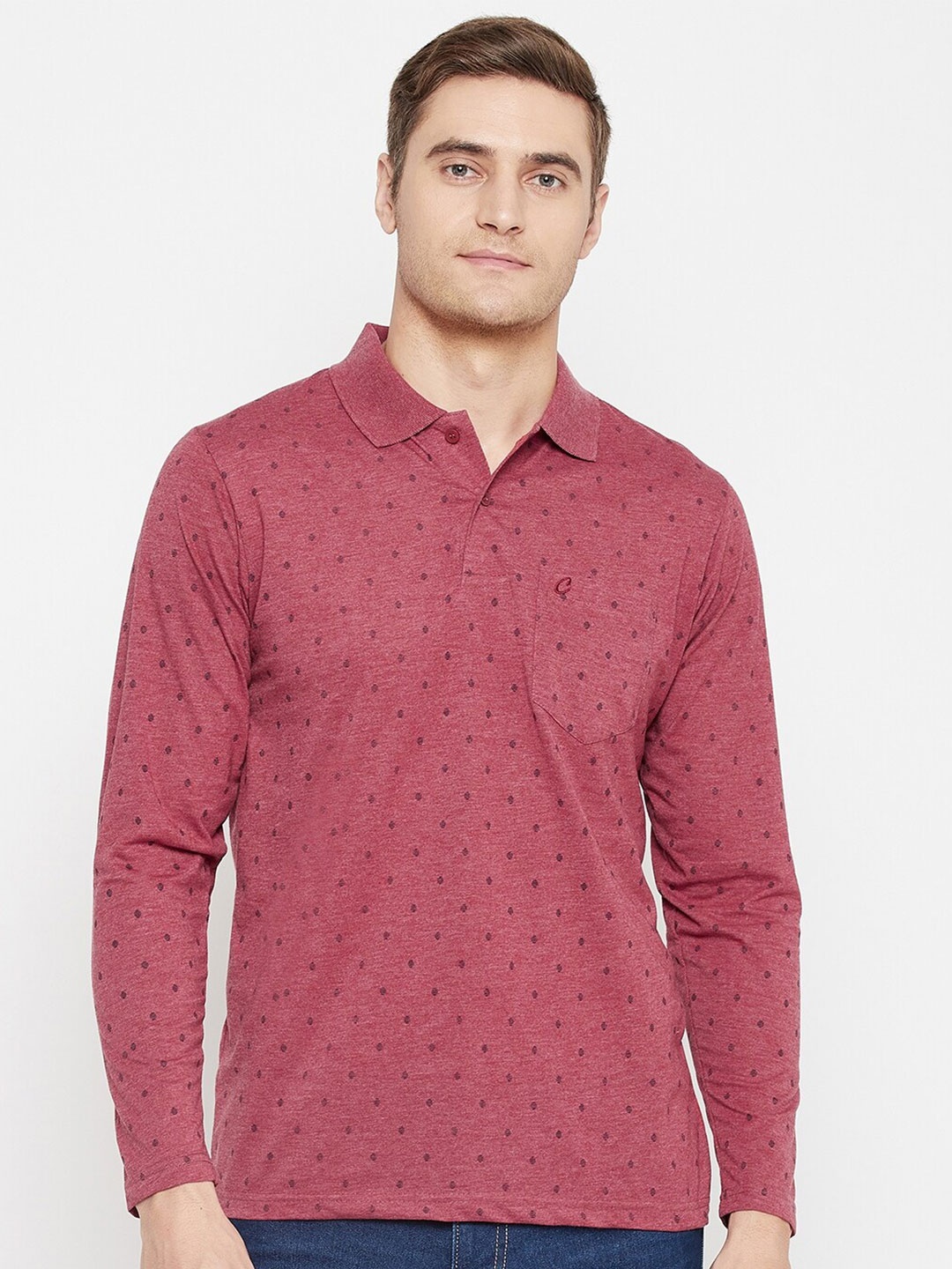 

Camey Micro Ditsy Printed Polo Collar Cotton T-shirt, Pink