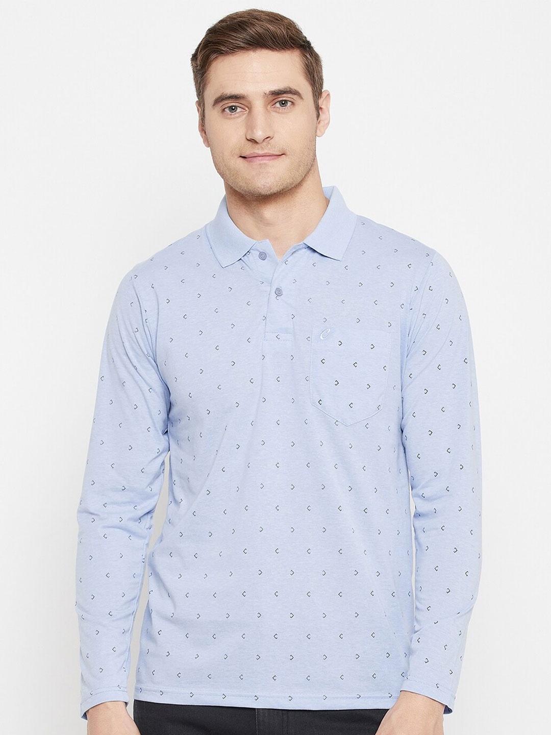 

Camey Printed Polo Collar Long Sleeves Cotton T-shirt, Blue