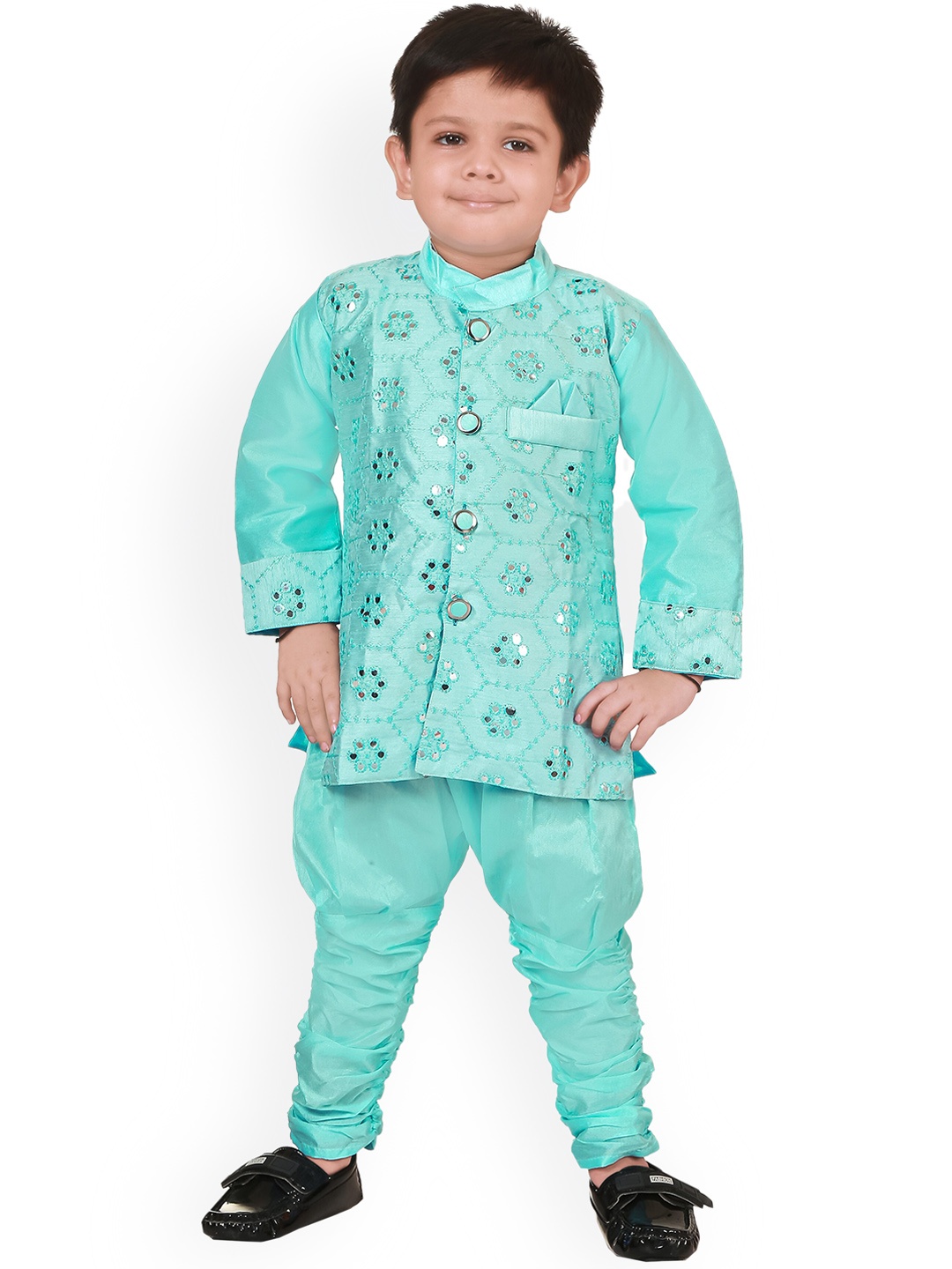 

CELEBRITY CLUB Boys Embroidered Mirror Work Sherwani Set, Blue