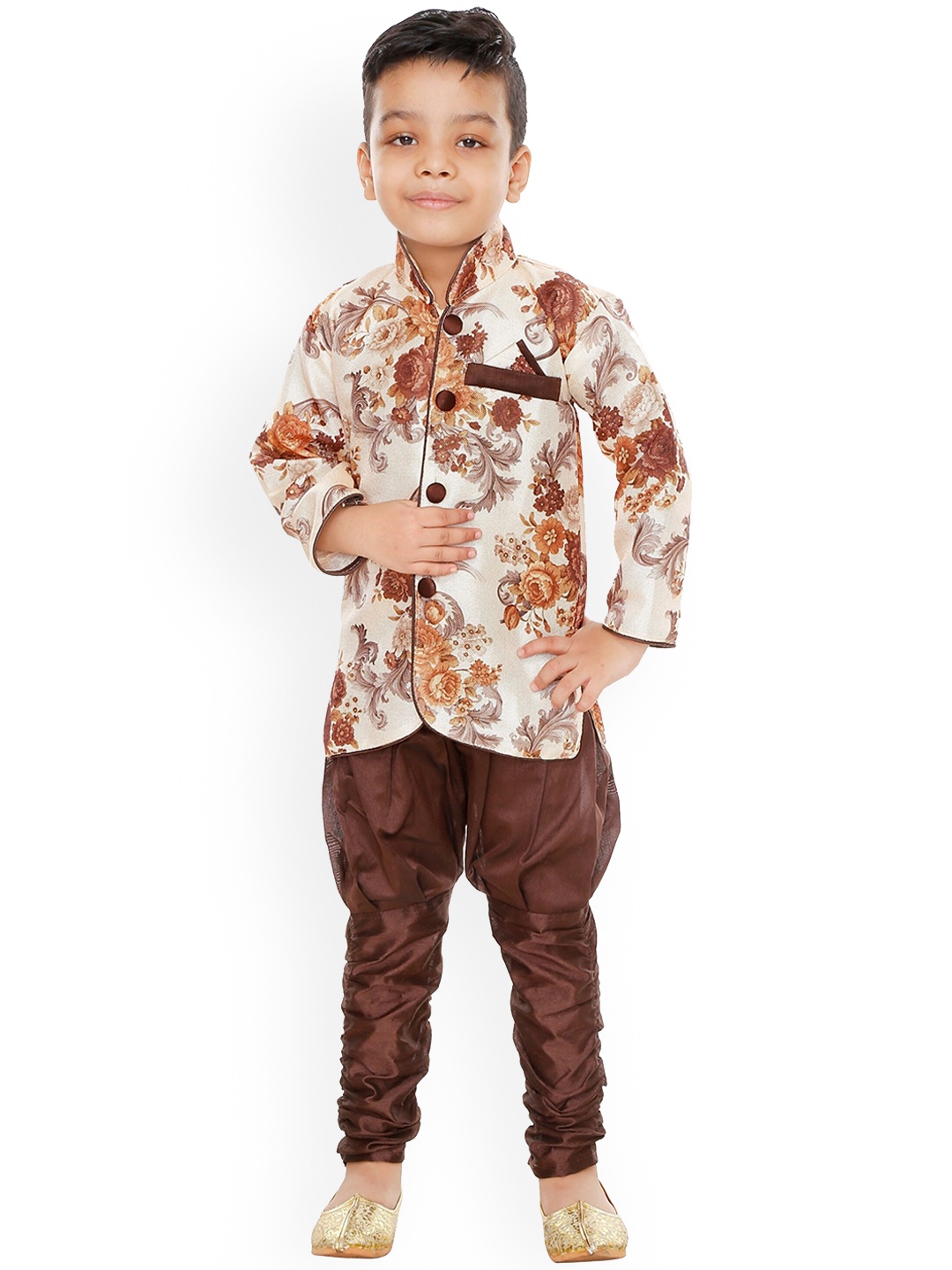 

CELEBRITY CLUB Mandarin collar Floral Printed Sherwani Set, Coffee brown