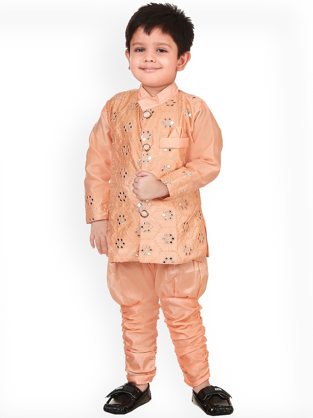 

CELEBRITY CLUB Boys Embroidered Mirror Work Sherwani Set, Peach