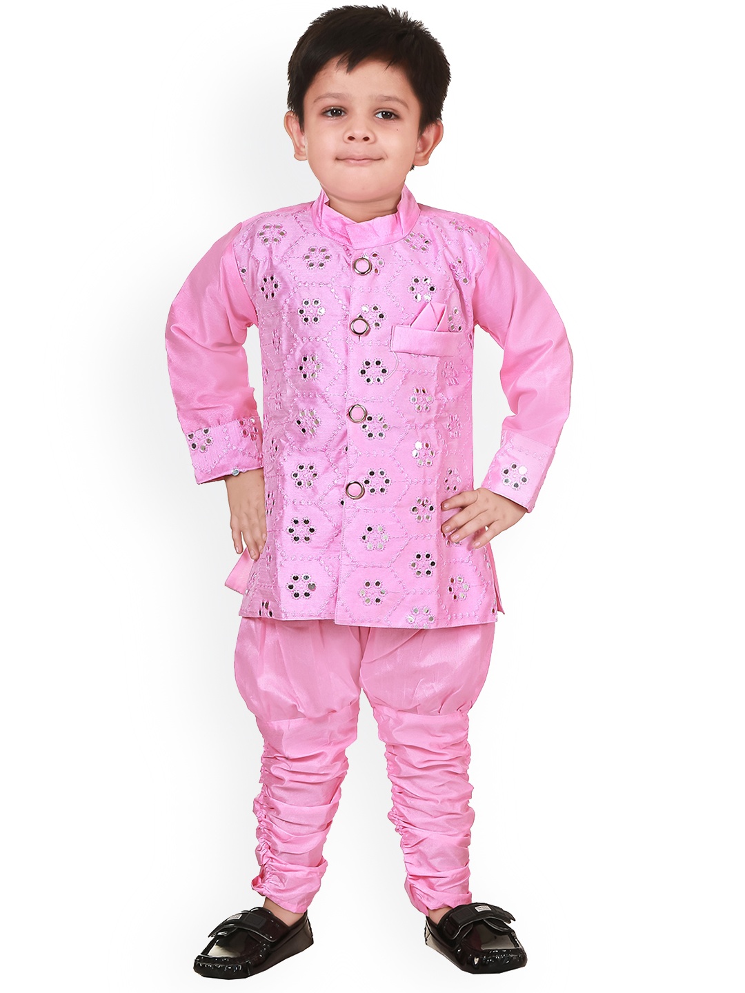 

CELEBRITY CLUB Boys Embroidered Mirror Work Sherwani Set, Pink