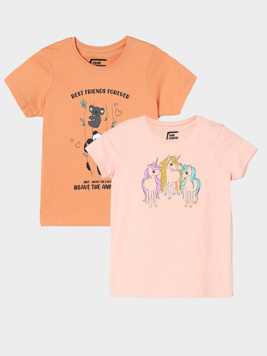

Fame Forever by Lifestyle Girls Pack Of 2 Printed Cotton T-shirt, Peach