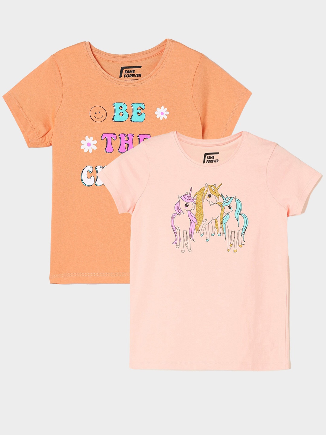 

Fame Forever by Lifestyle Girls Pack Of 2 Printed Cotton T-shirt, Peach