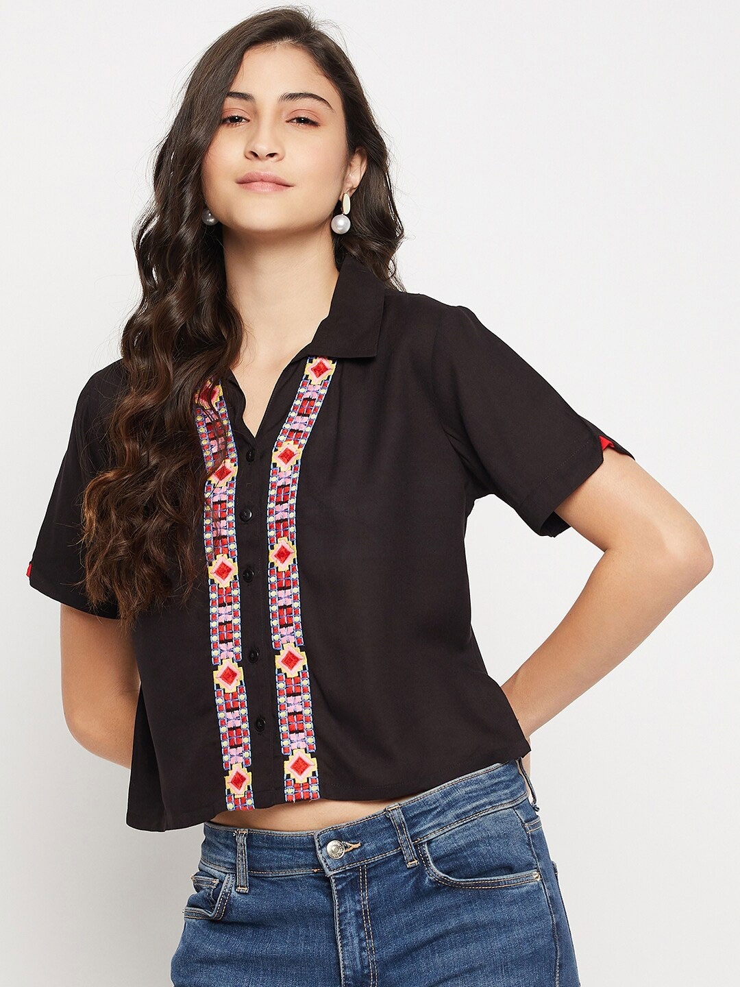 

Ruhaans Embroidered Classic Casual Crop Shirt, Black