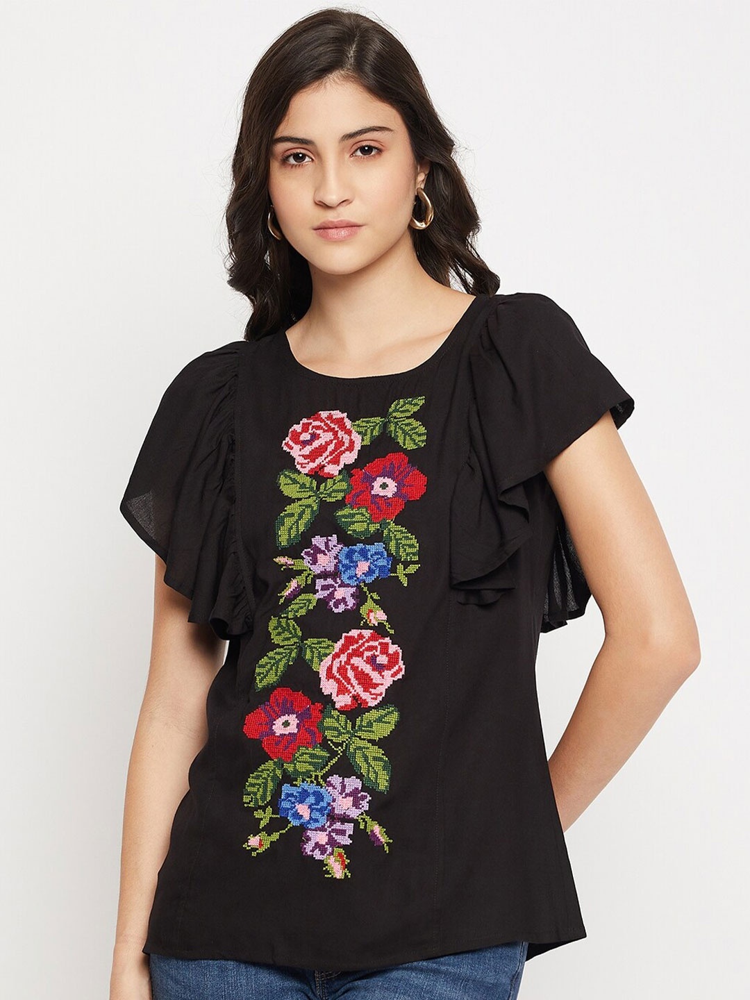 

Ruhaans Embroidered Round Neck Flutter Sleeve Regular Top, Black