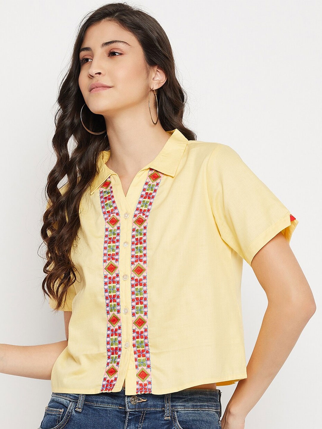 

Ruhaans Embroidered Classic Cotton Casual Crop Shirt, Yellow