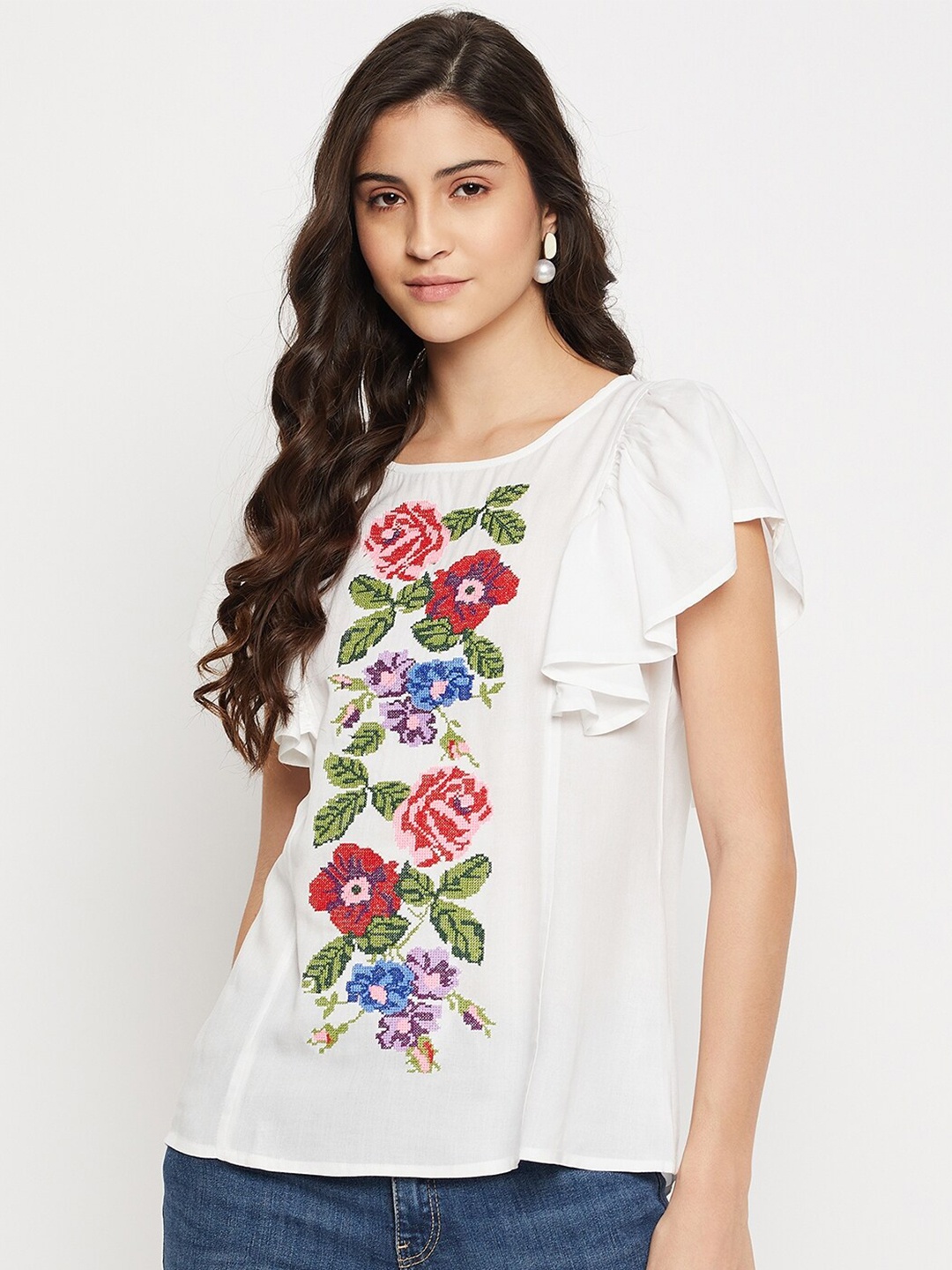 

Ruhaans Floral Embroidered Flutter Sleeve Regular Top, White