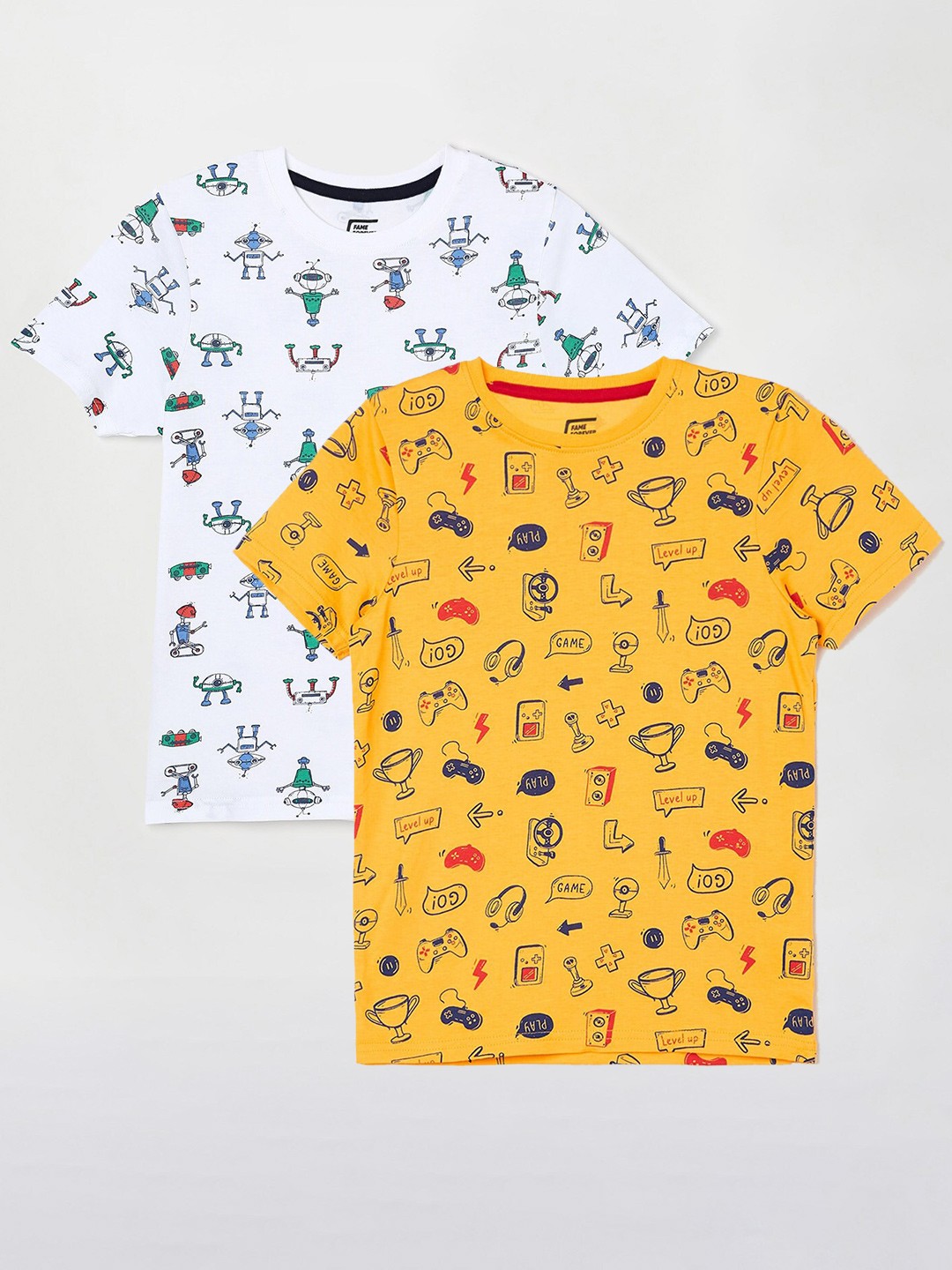 

Fame Forever by Lifestyle Boys Pack Of 2 Printed Round Neck Pure Cotton Casual T-Shirts, Mustard
