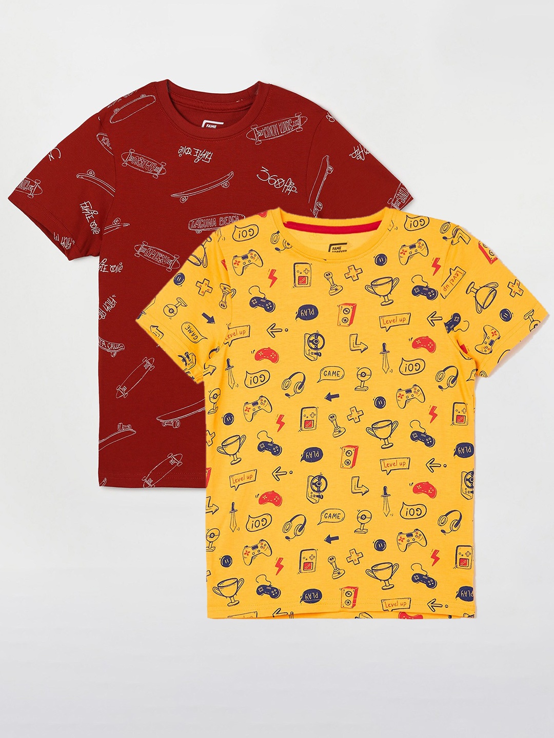 

Fame Forever by Lifestyle Boys Pack Of 2 Printed Round Neck Pure Cotton Casual T-Shirts, Mustard