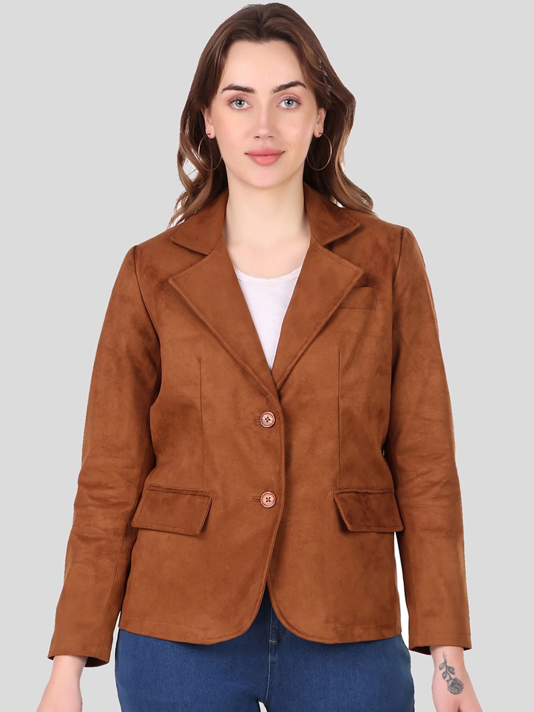 

Leather Retail Lapel Collar Lightweight Longline Tailored Jacket, Brown
