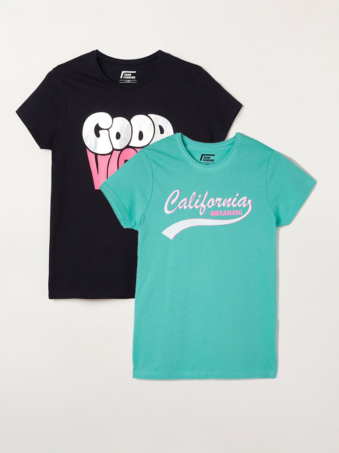 

Fame Forever by Lifestyle Girls Pack Of 2 Printed Round Neck Cotton Casual T-Shirts, Green