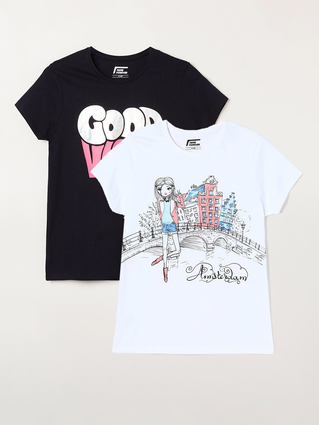 

Fame Forever by Lifestyle Girls Pack Of 2 Printed Round Neck Pure Cotton Casual T-Shirts, White