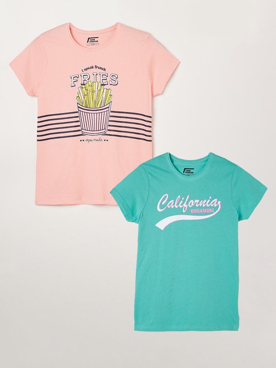 

Fame Forever by Lifestyle Girls Pack Of 2 Printed Round Neck Pure Cotton Casual T-Shirts, Green