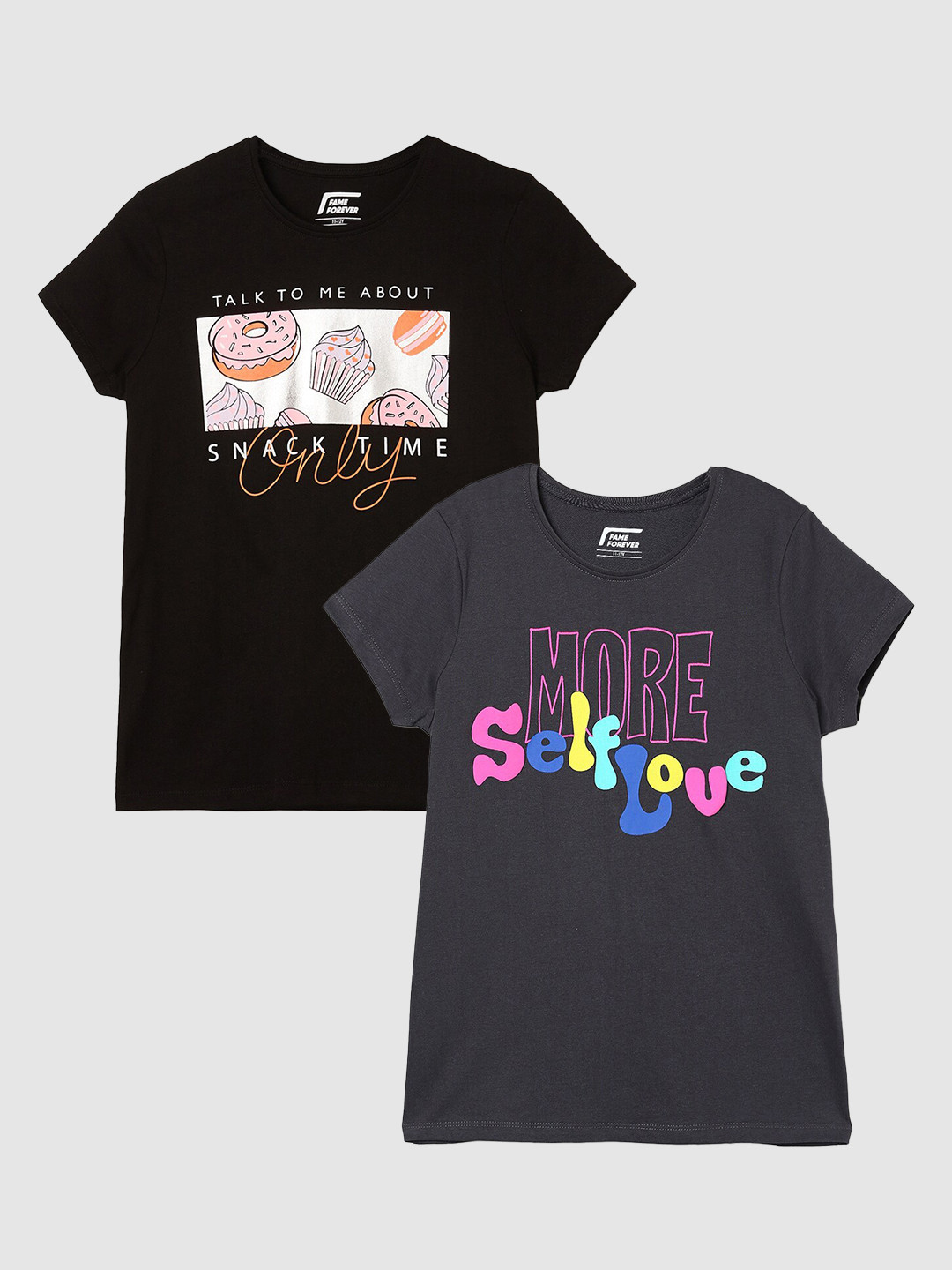 

Fame Forever by Lifestyle Girls Pack Of 2 Printed Round Neck Pure Cotton Casual T-Shirts, Grey