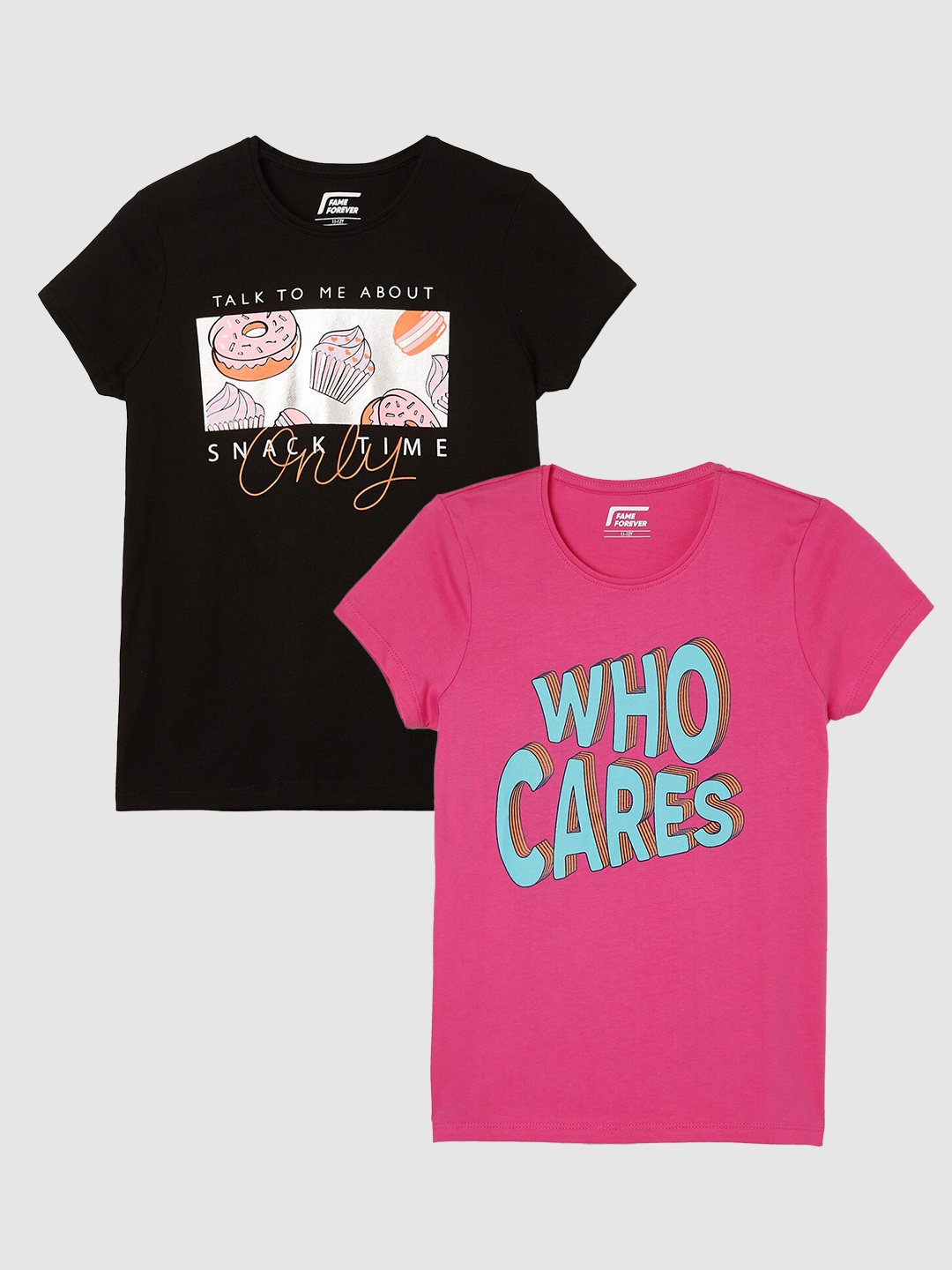 

Fame Forever by Lifestyle Girls Pack Of 2 Printed Round Neck Pure Cotton Casual T-Shirts, Pink
