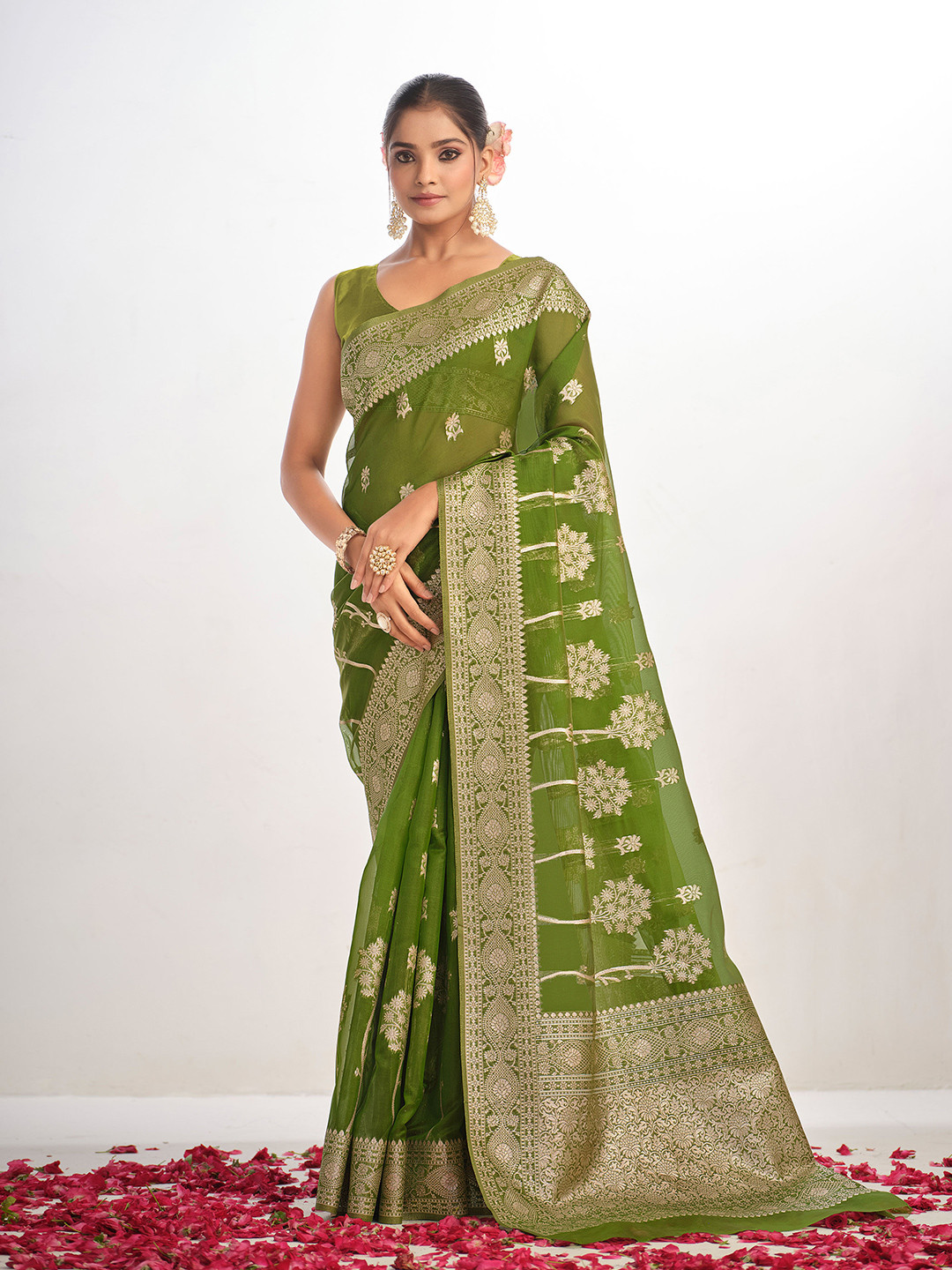 

Sangria Woven Design Organza Saree, Green