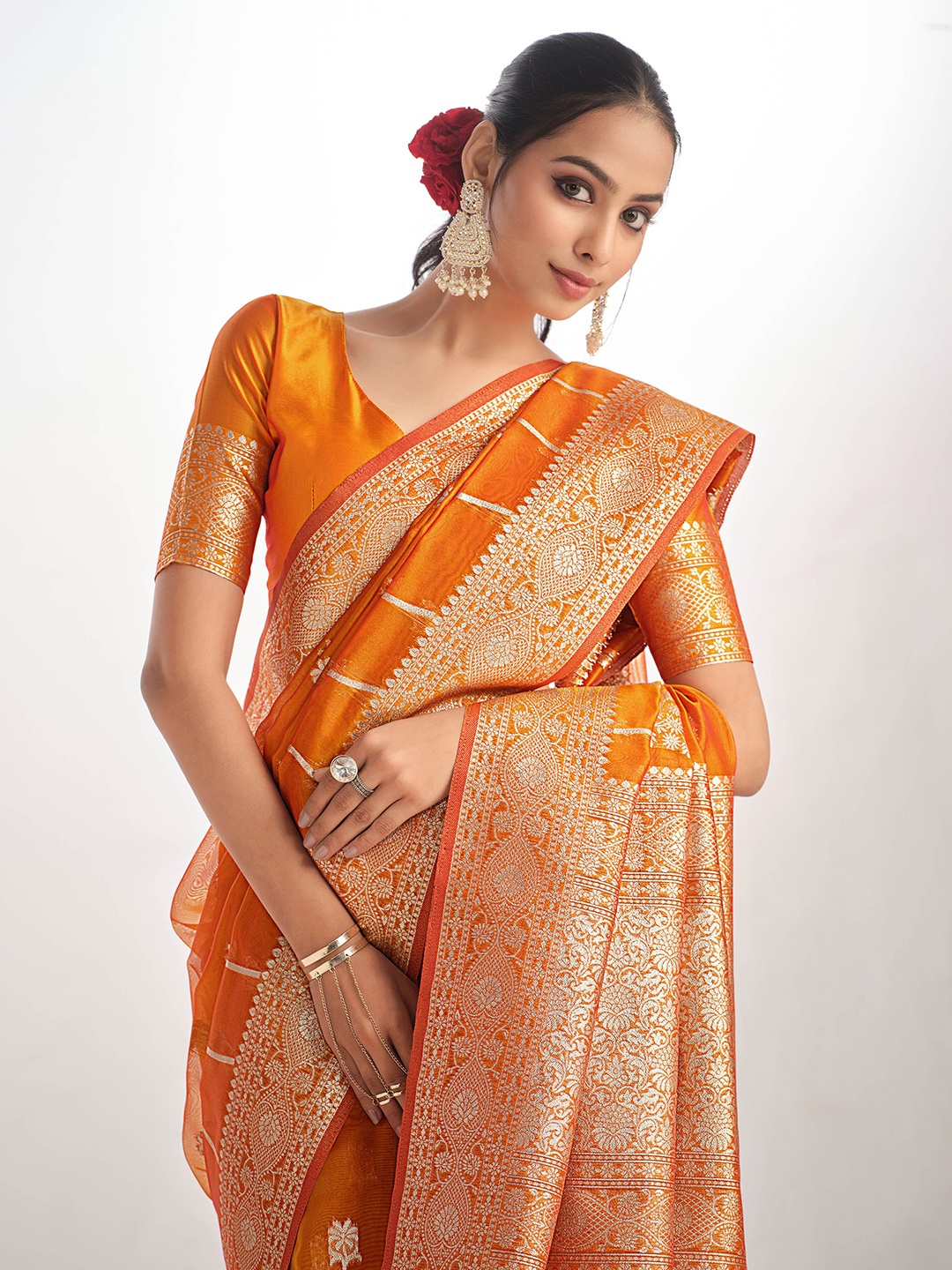 

Sangria Floral Woven Design Saree, Rust