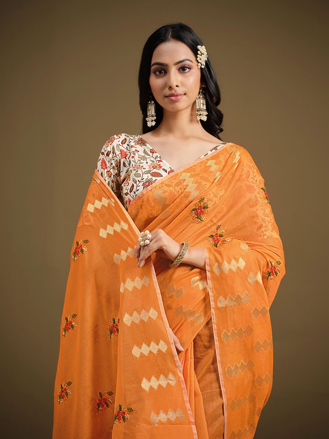 

Sangria Floral Embroidered Silk Cotton Saree, Orange