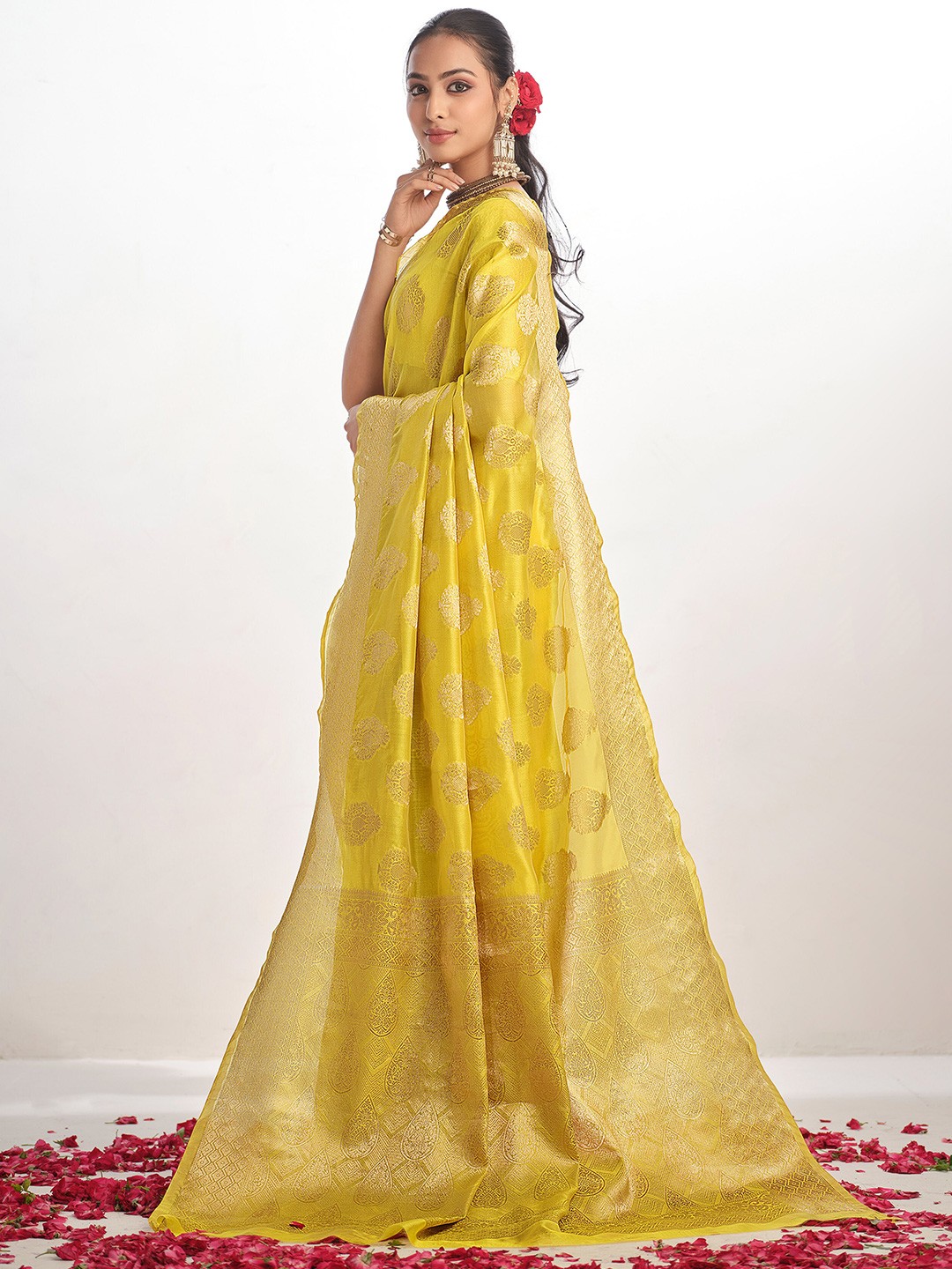 

Sangria Ethnic Motifs Woven Design Organza Saree, Yellow