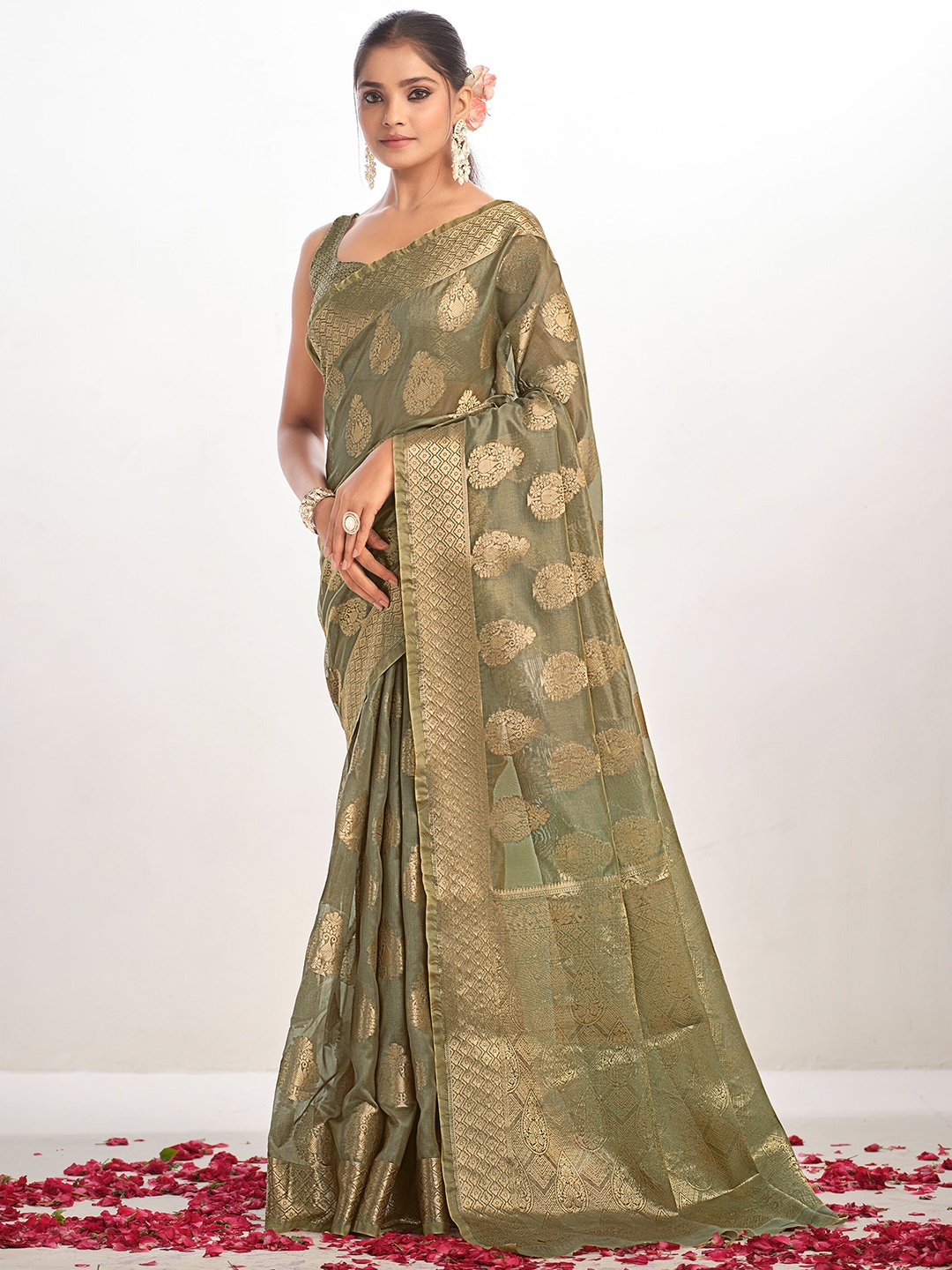 

Sangria Ethnic Motifs Zari Organza Designer Saree, Green