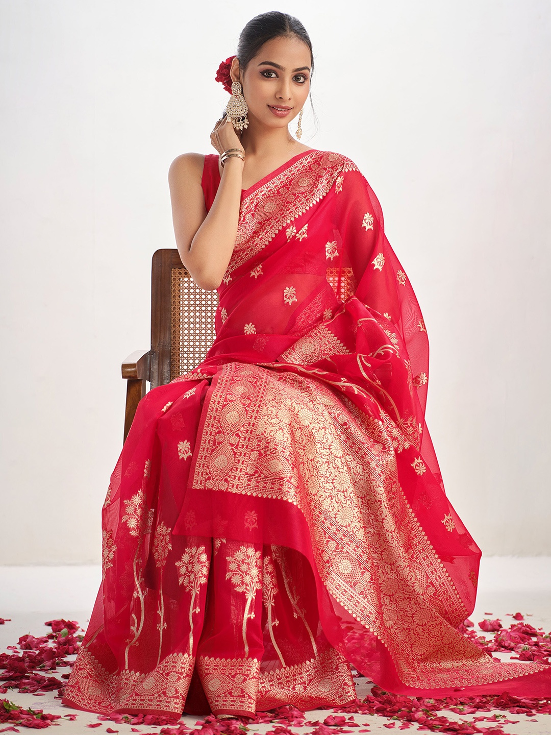 

Sangria Floral Woven DesignOrganza Saree, Red